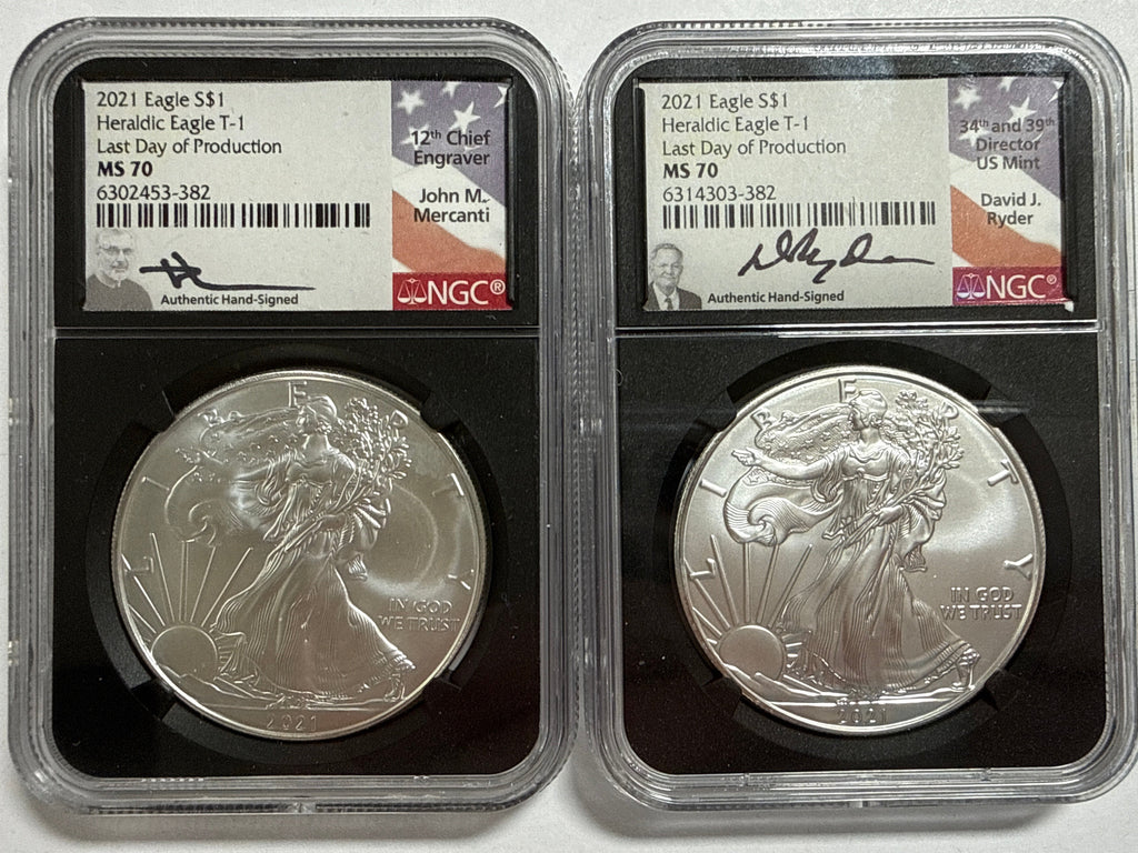 2021 American Silver Heraldic Eagle 2 Peice Set T-1 Last Day of Production MS70 Mercanti/Ryder Hand Signed