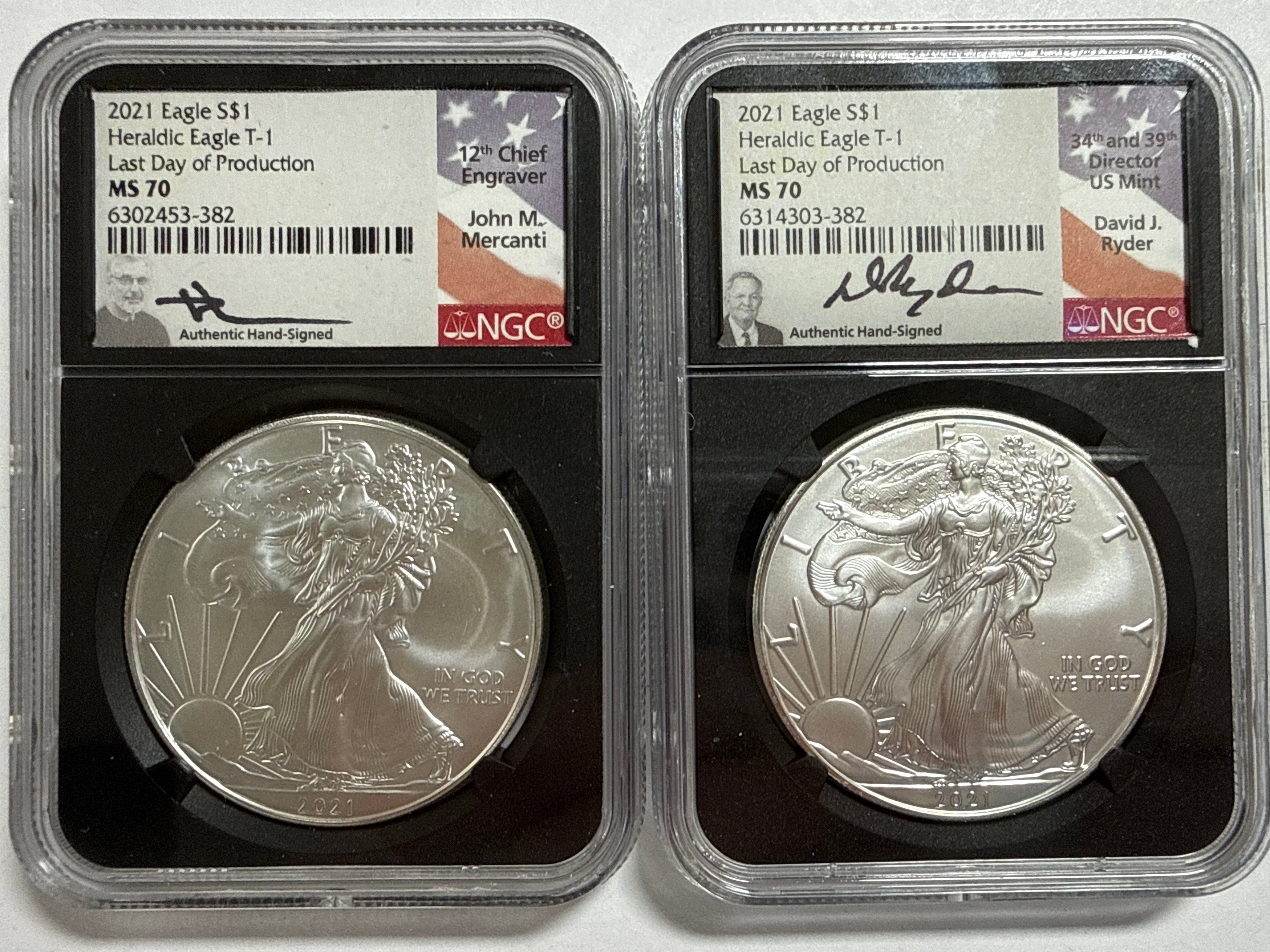 2021 American Silver Heraldic Eagle 2 Peice Set T-1 Last Day of Production MS70 Mercanti/Ryder Hand Signed
