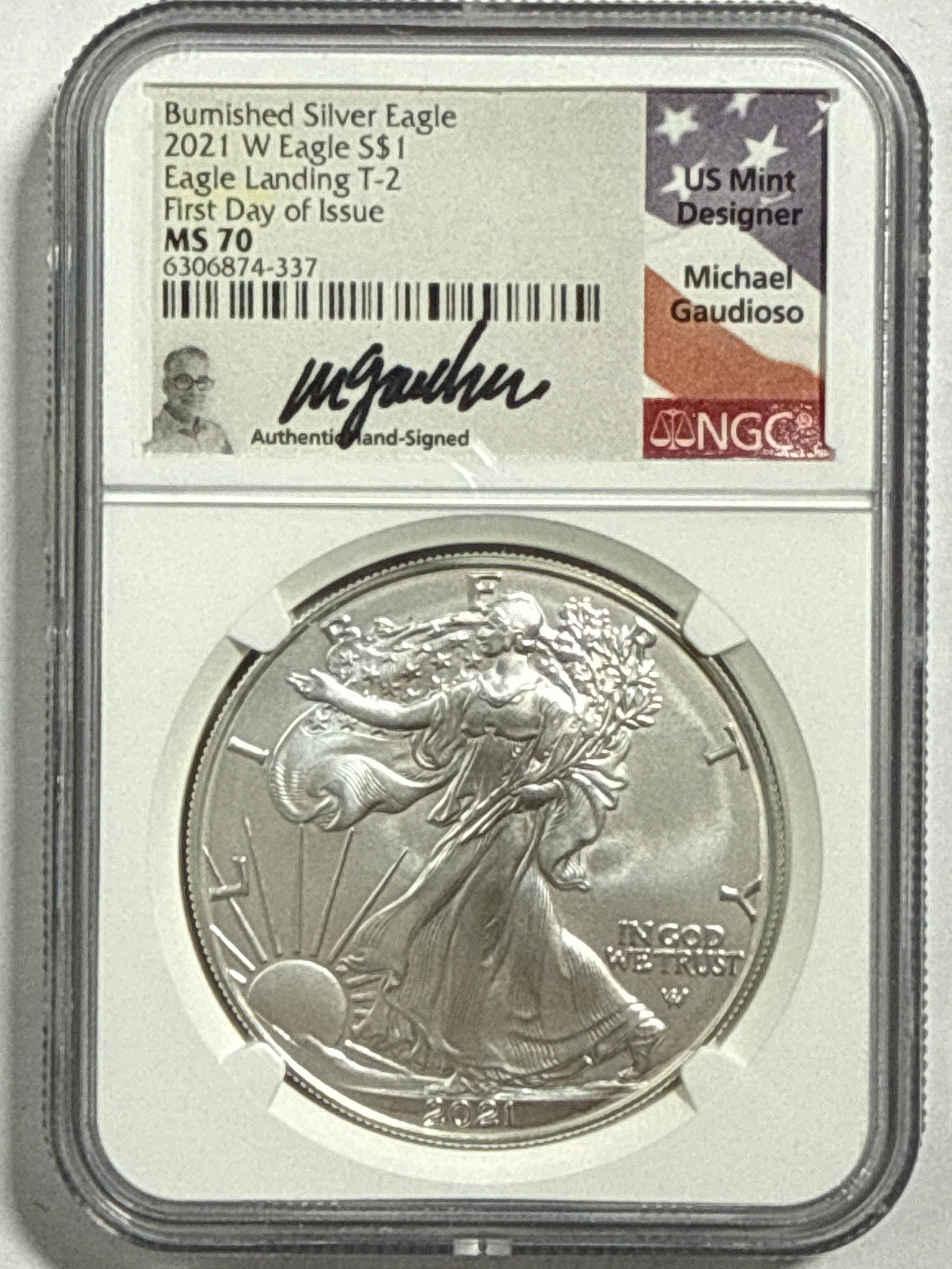 2021-W Burnished American Silver Eagle NGC MS70 FDOI Eagle Landing T-2 Michael Gaudioso Hand Signed