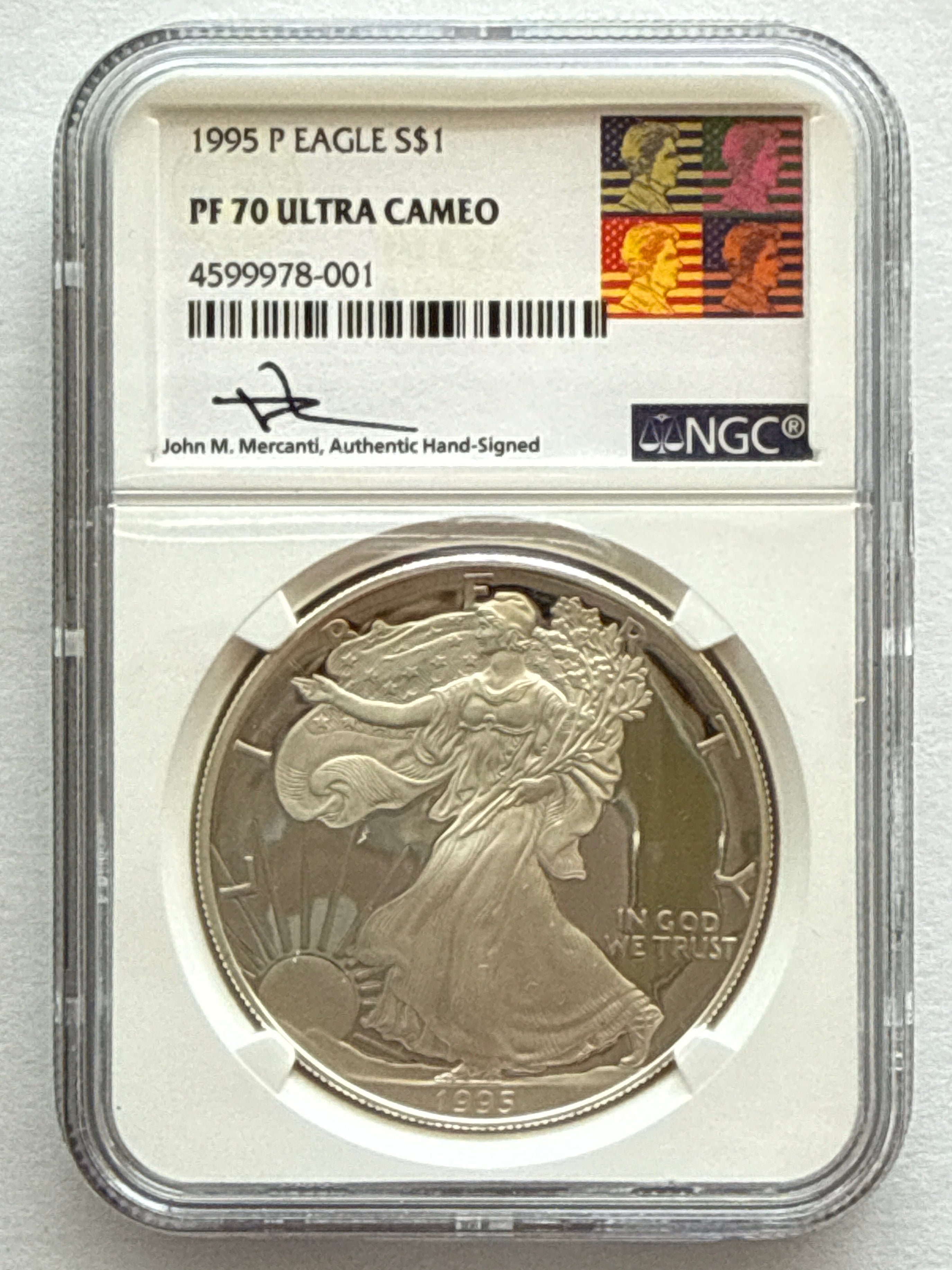 1995-P American Silver Eagle NGC 1 oz PF70 UCAM  J. M. Mercanti hand signed pop #1 Art Label