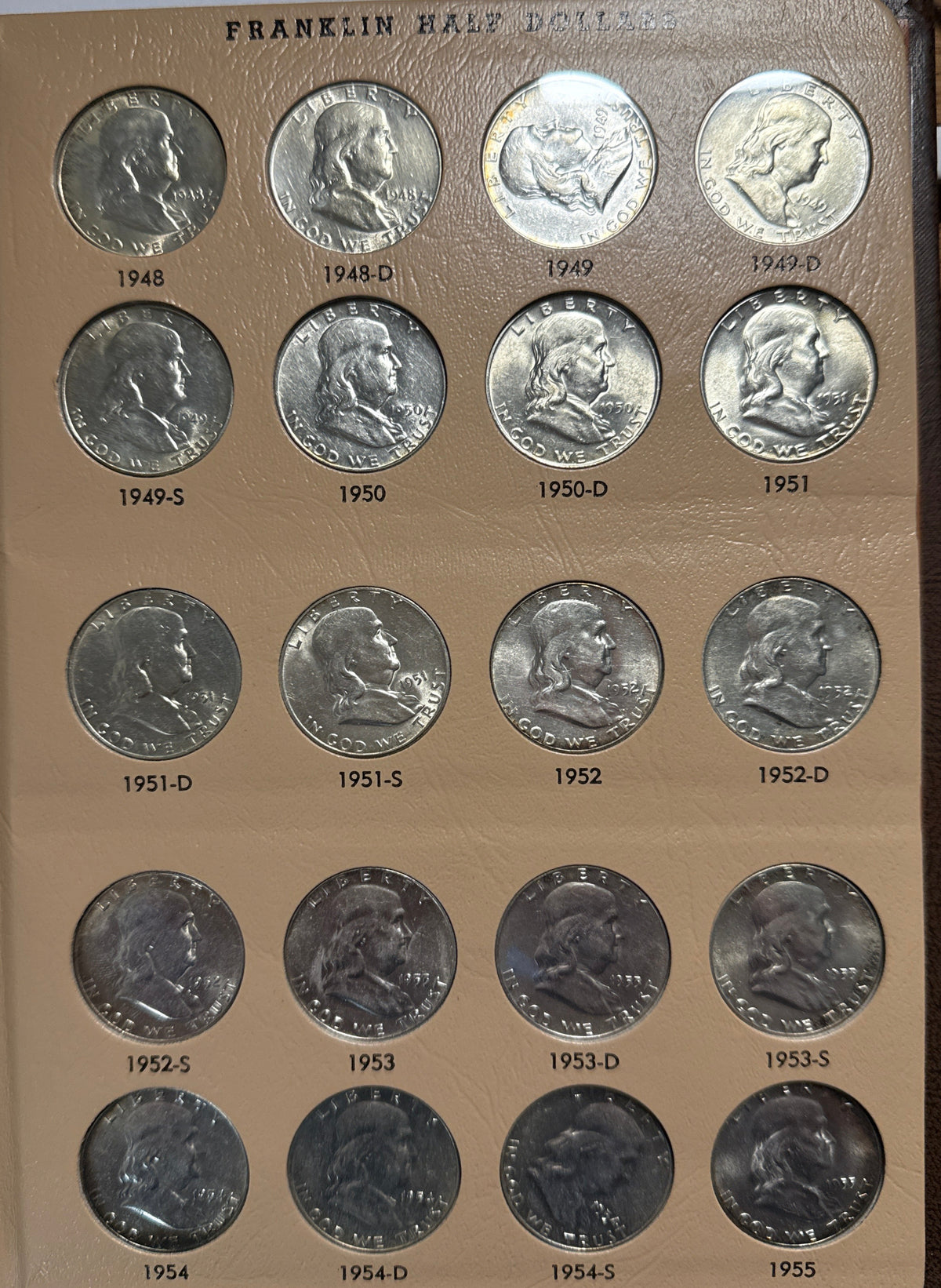 1948-1963-D,P,S  American Franklin Silver Half Dollar Complete Set 35 coins  in Dansco COA 90 % silver.