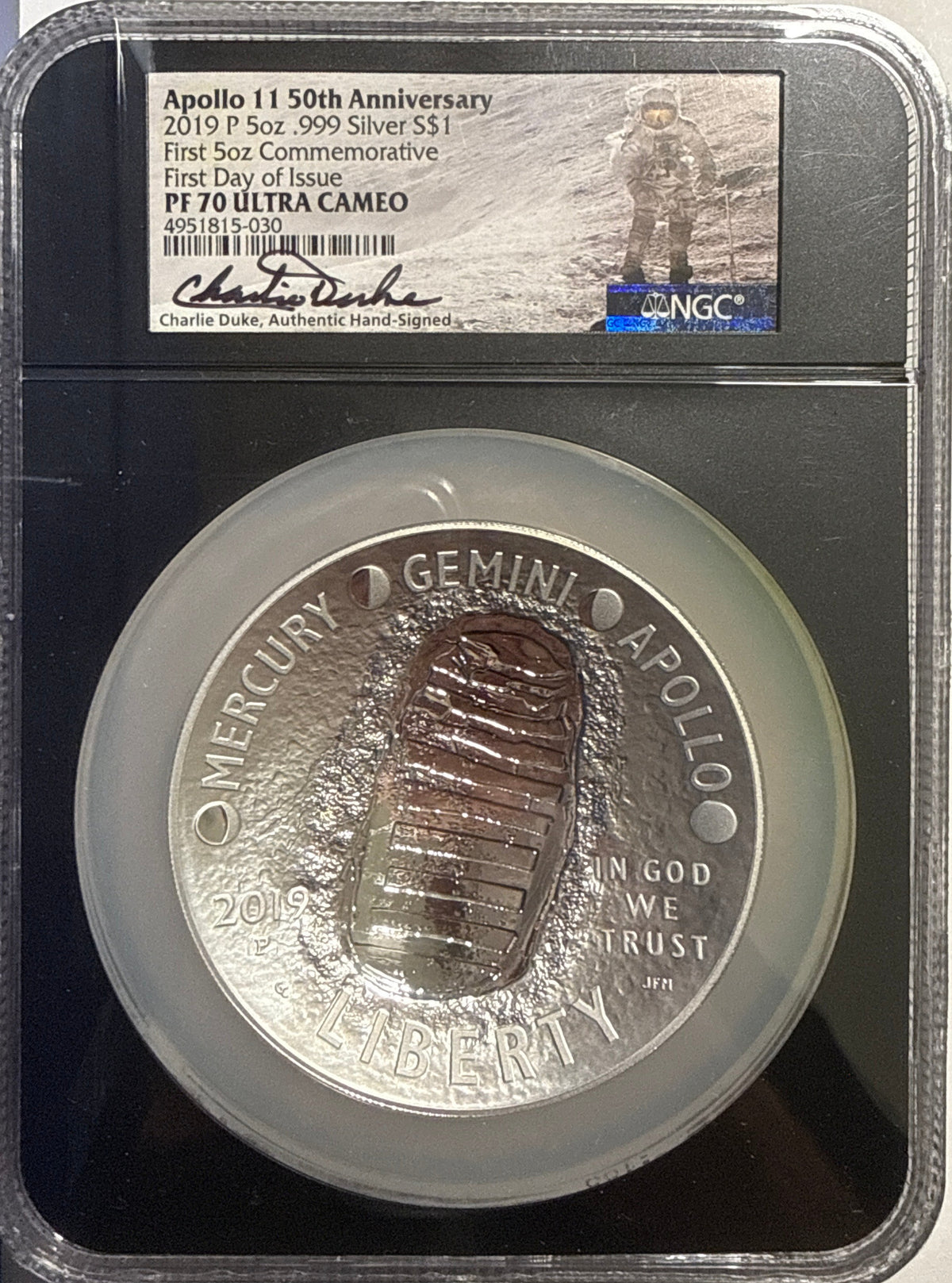 Vintage Vault: 2019 P APOLLO 11 5 OZ .999 Silver $1 NGC 50th Anniversary First 5 oz Commemorative FDI PF70 UCAM Charlie Duke Hand-Signed.