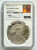 2001-W American Silver Eagle NGC 1 oz PF70 UCAM  J. M. Mercanti hand signed pop #7 Art Label