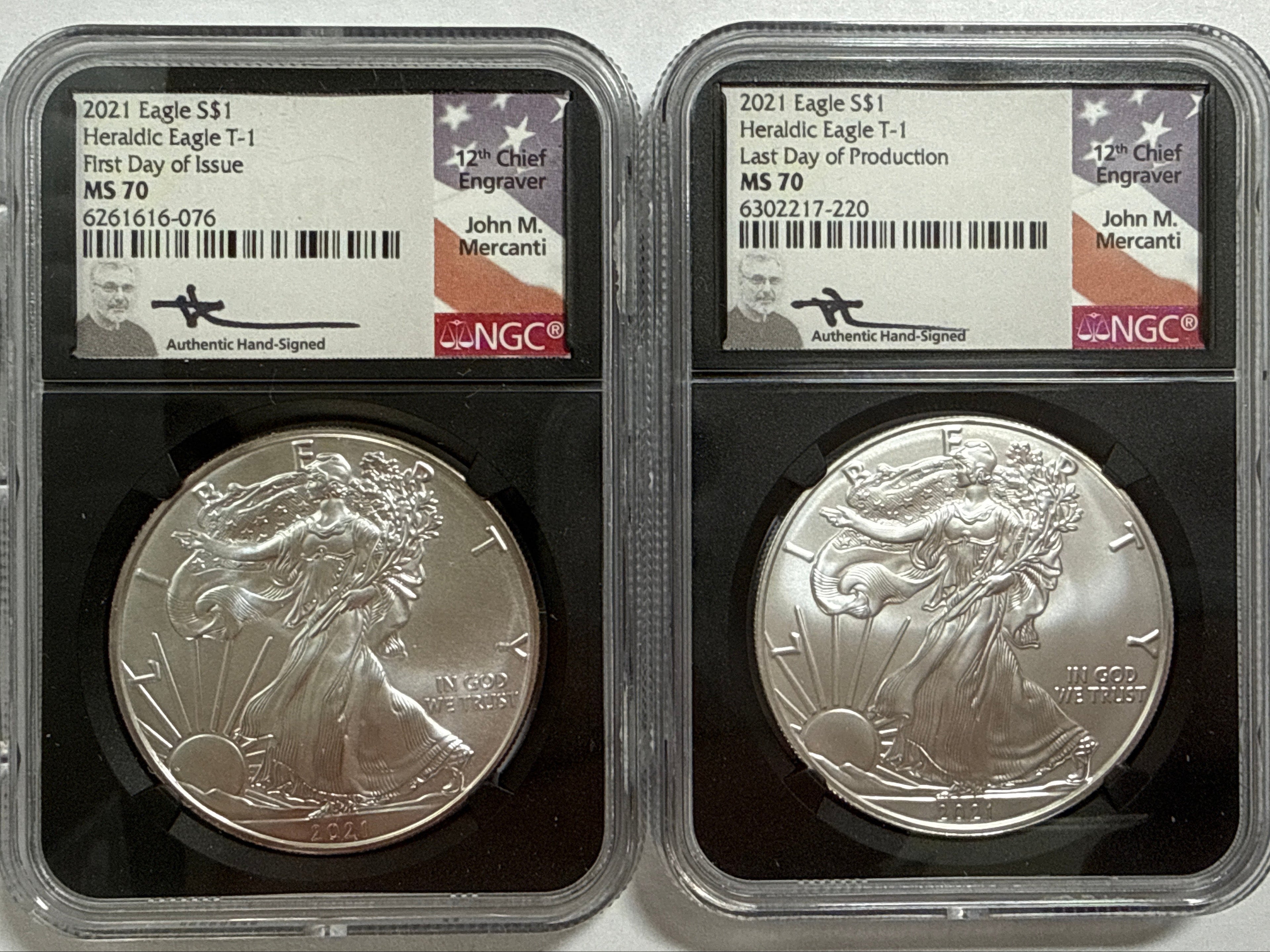 2021 American Silver Heraldic Eagle T-1 2 Piece Set NGC MS70 FDOI/Last Day of Production Mercanti