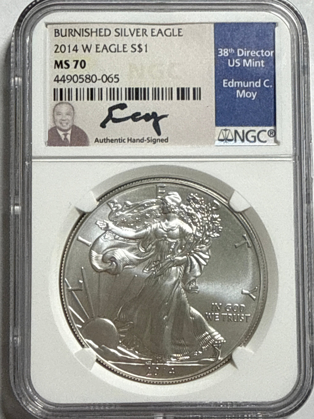 2014-W Burnished American Silver Eagle NGC MS70 Edmund C. Moy Hand Signed