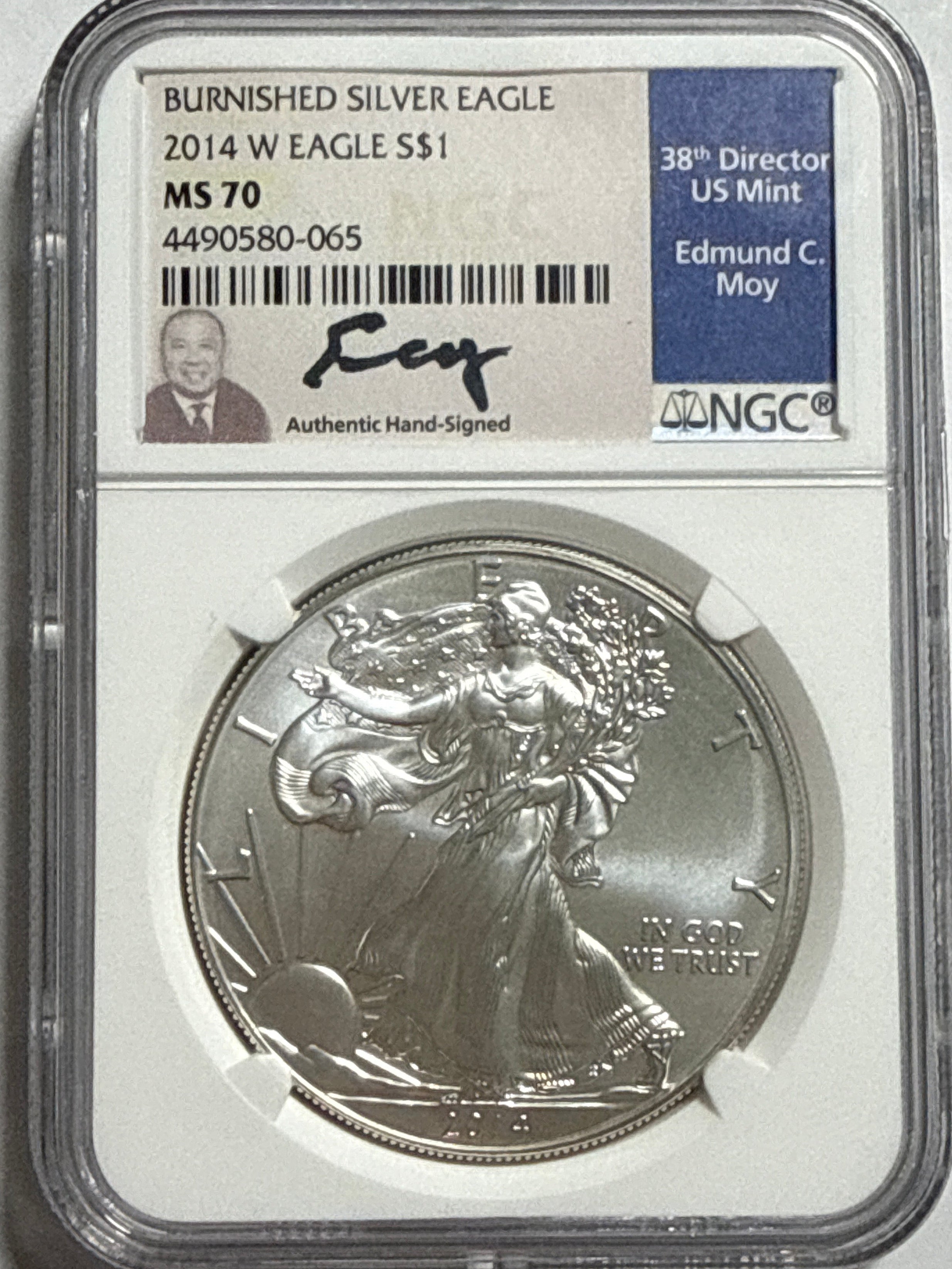 2014-W Burnished American Silver Eagle NGC MS70 Edmund C. Moy Hand Signed