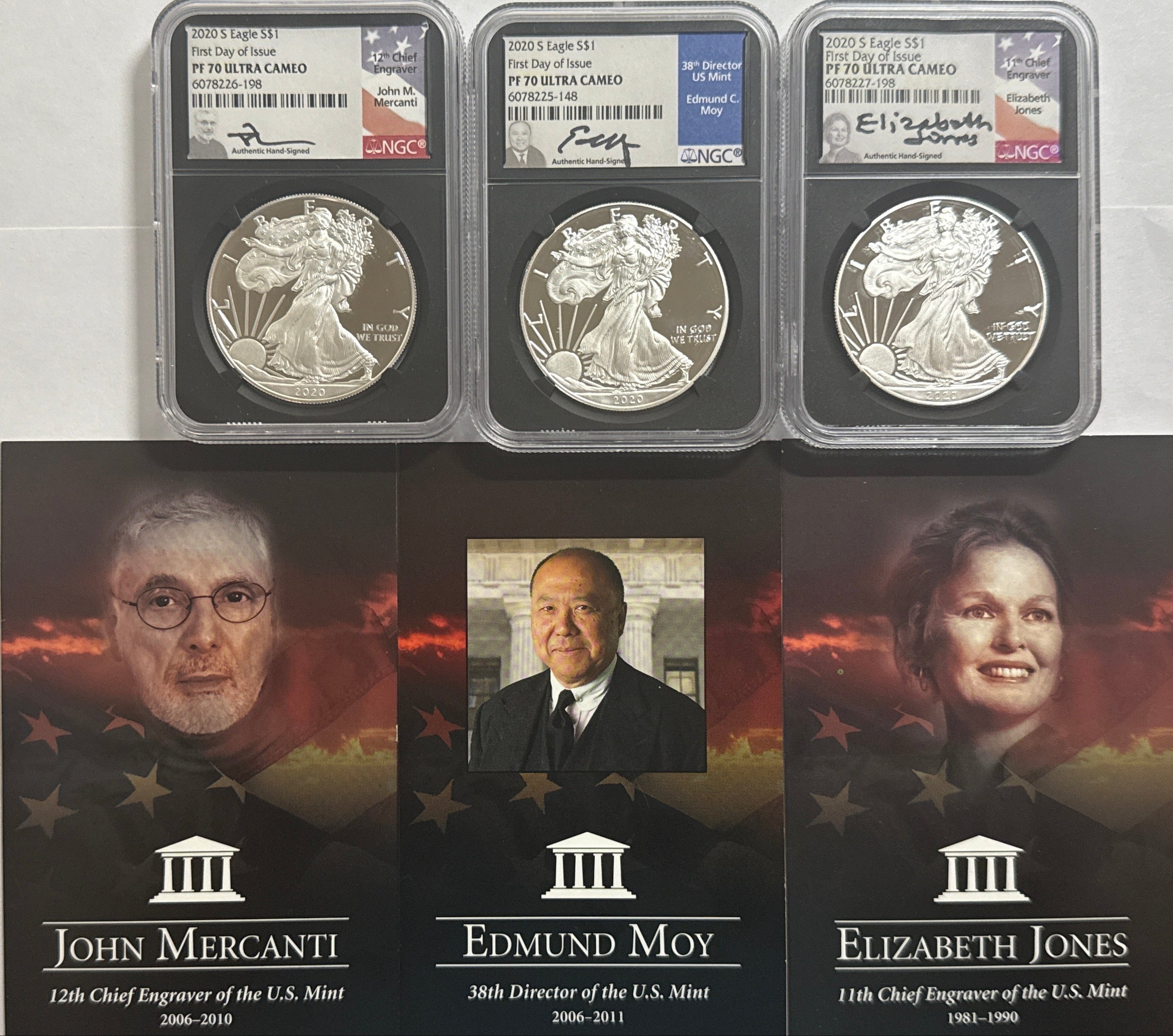 2020-S American Silver Eagle T-1 3 Piece Set NGC FDOI PF70 UCAM Mercanti/Jones/Moy Hand Signed