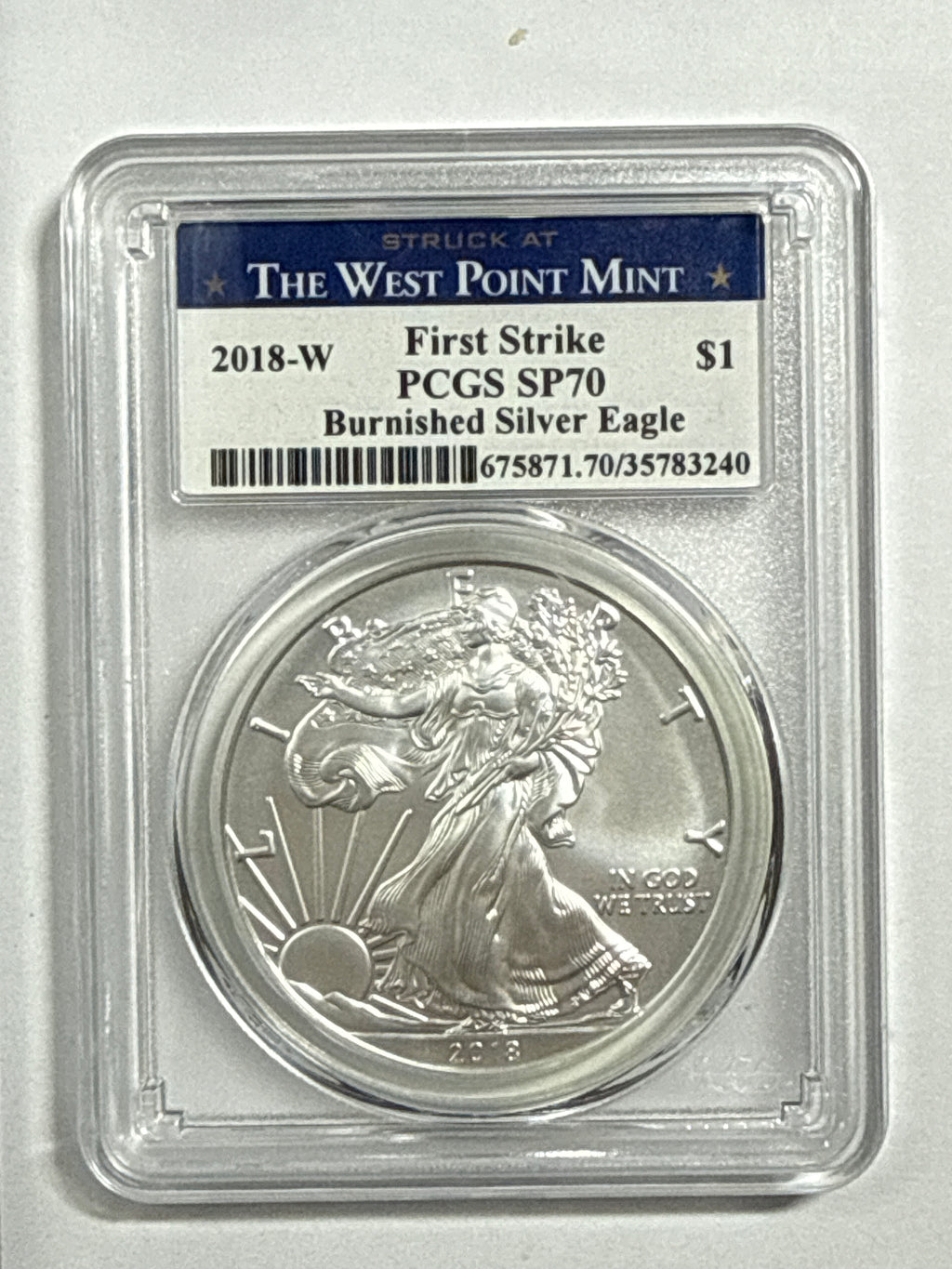 2018-W Burnished American Silver Eagle PCGS SP70 FS West Point Label
