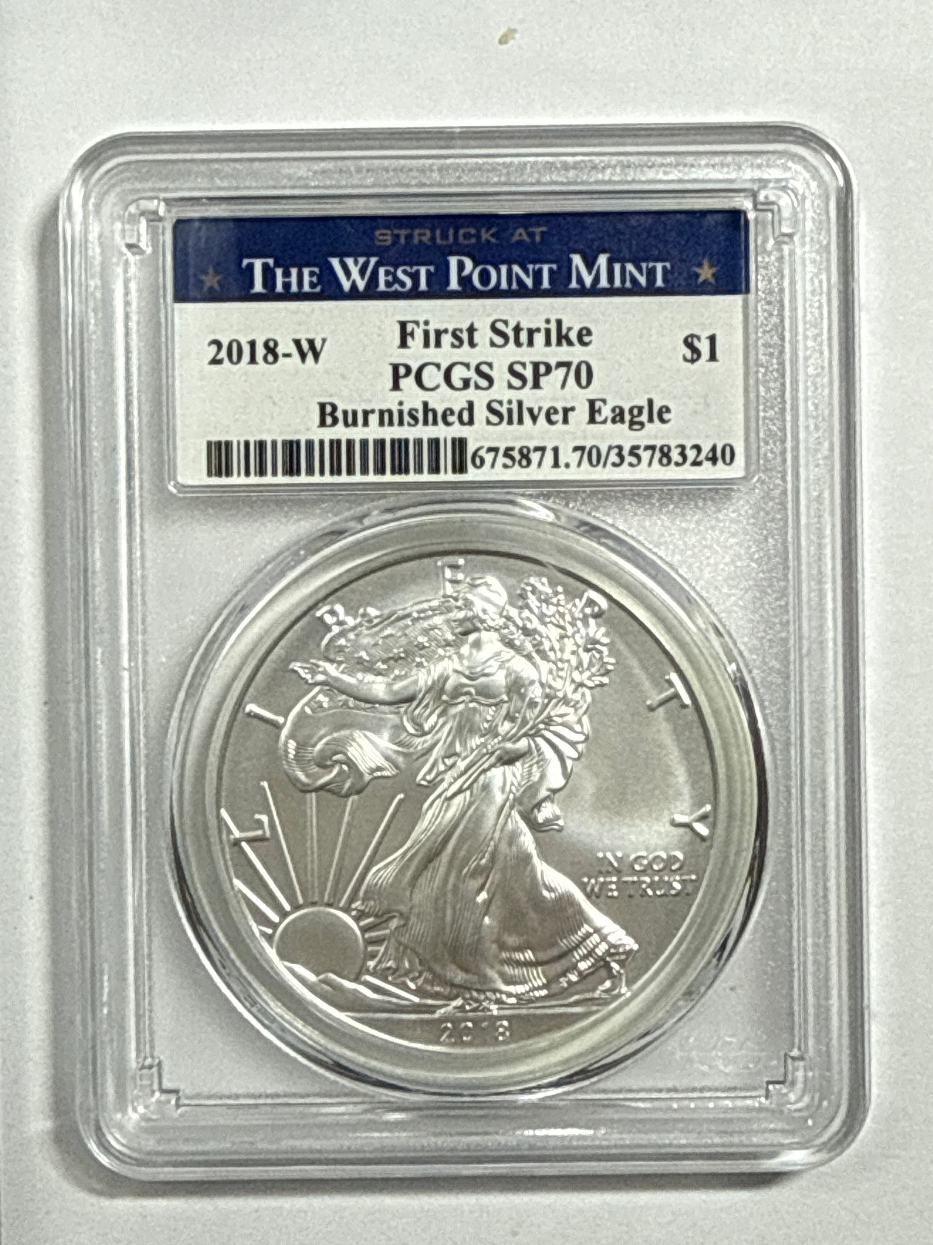 2018-W Burnished American Silver Eagle PCGS SP70 FS West Point Label