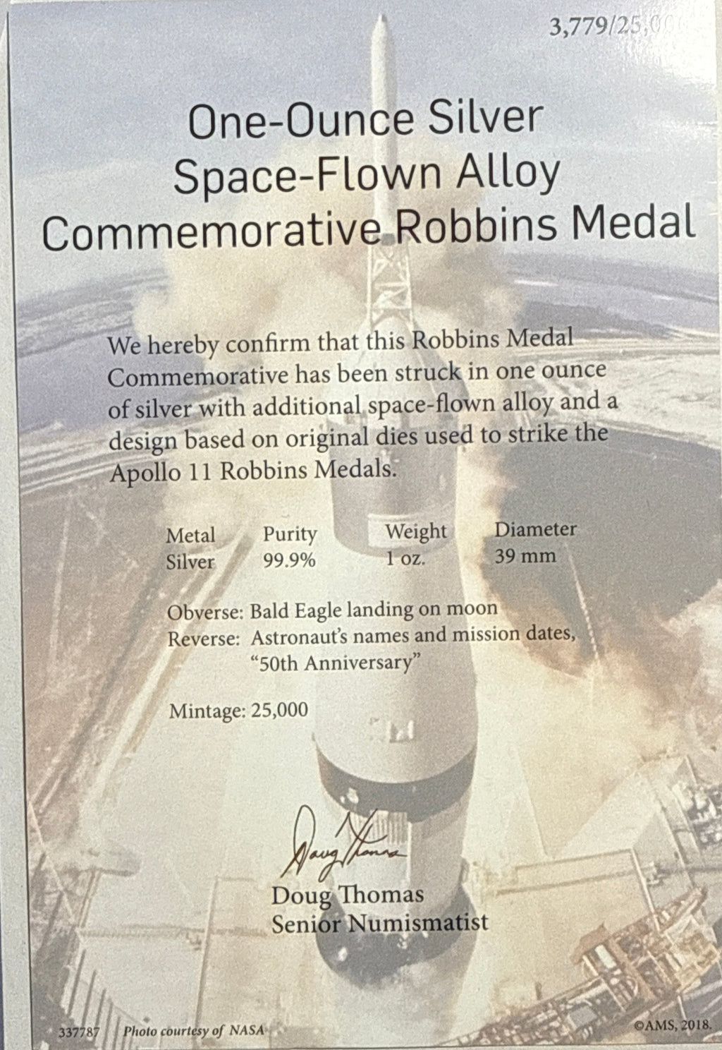 Vintage Vault: 2019 Apollo 11 50th Anniversary Robins Metal Restrike-1 oz Silver Space Flown Material NGC MS70 1-Coin Box COA