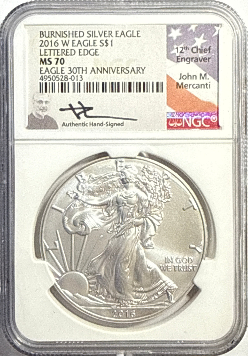 2016-W Burnished American Silver Eagle $1 NGC MS70 Mercanti Hand-Signed