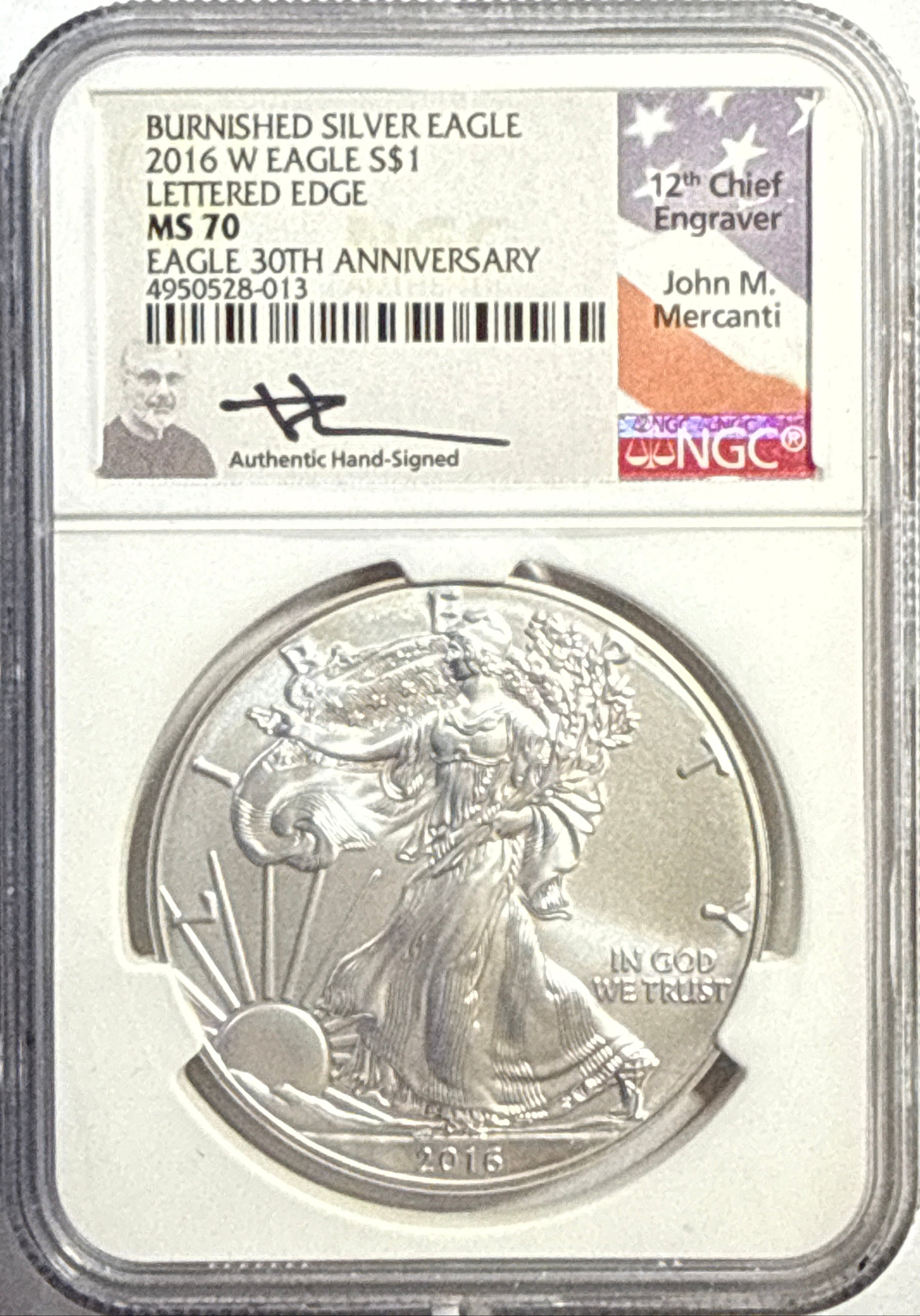 2016-W Burnished American Silver Eagle $1 NGC MS70 Mercanti Hand-Signed