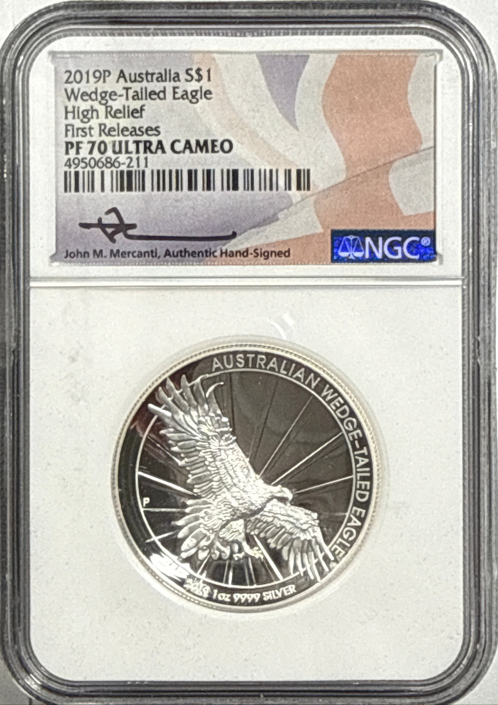 2019P Australia $1 .999 Silver Wedge-Tailed Eagle NGC High Relief FR PF70 UCAM Mercanti Box COA