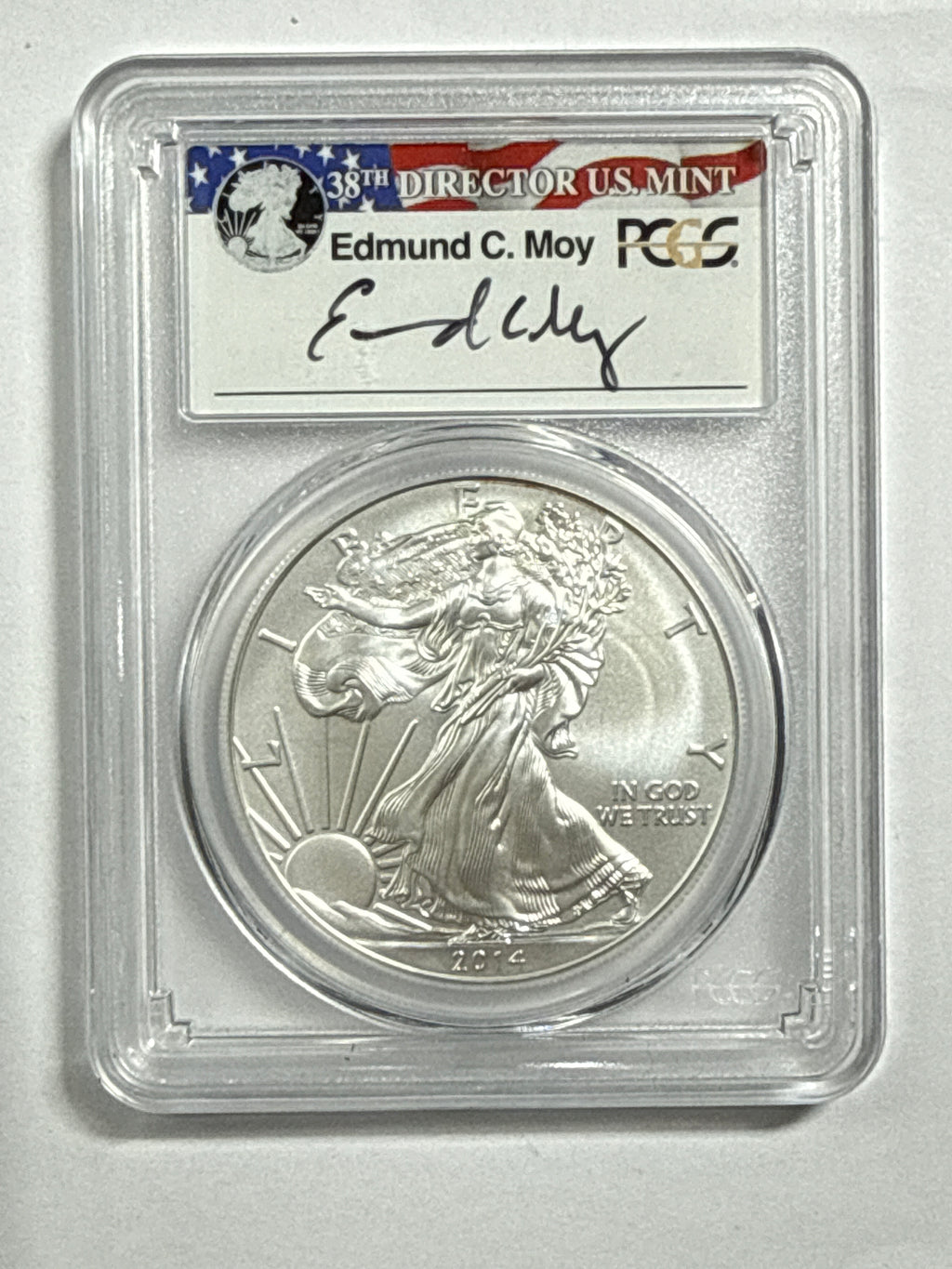 2014-W Burnished American Silver Eagle PCGS SP70 Flag Label Edmund Moy Hand Signed