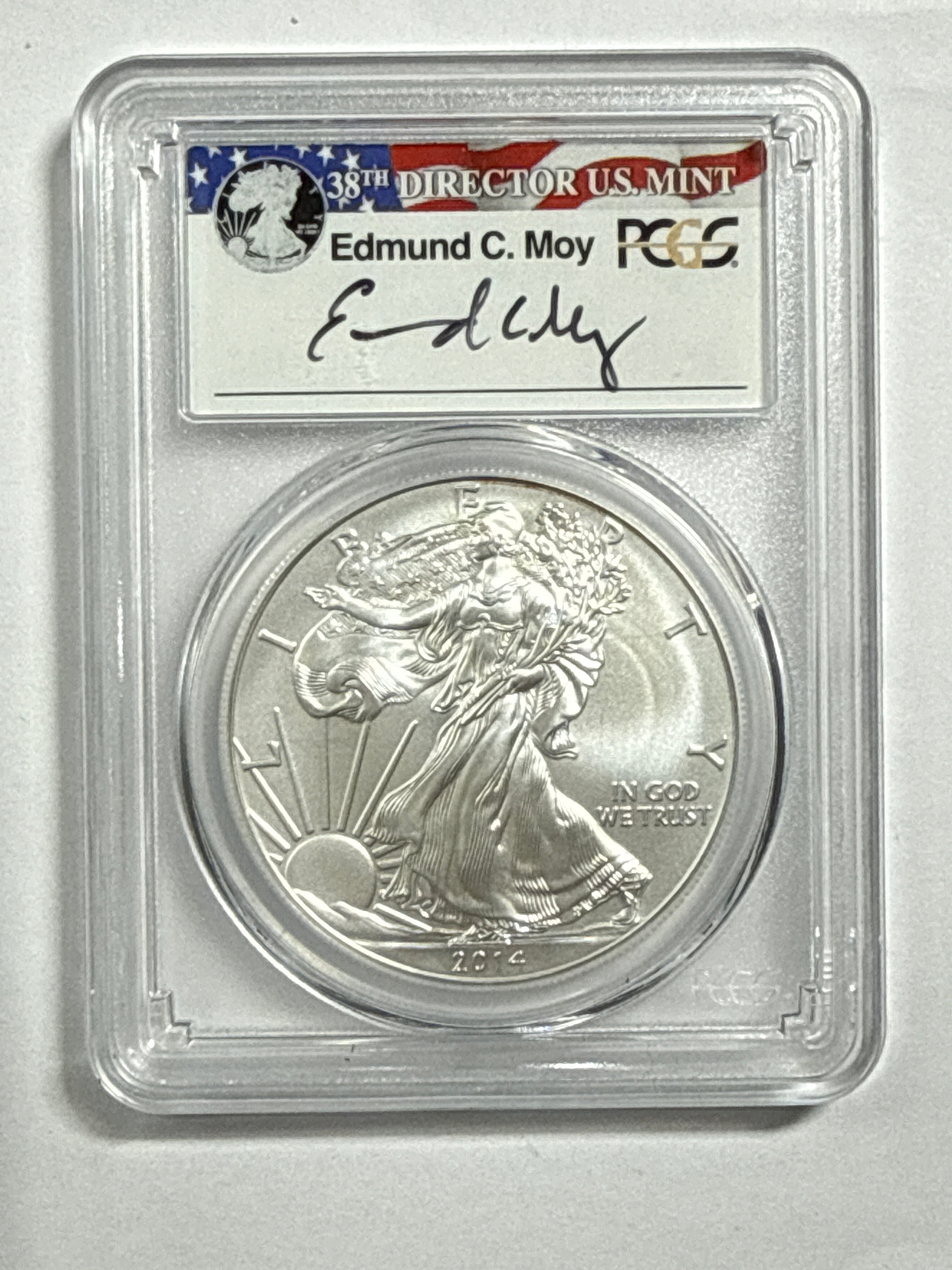 2014-W Burnished American Silver Eagle PCGS SP70 Flag Label Edmund Moy Hand Signed