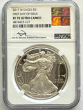 2017-W American Silver Eagle NGC 1 oz PF70 UCAM FDOI J. M. Mercanti hand signed Congrat Set Art Label