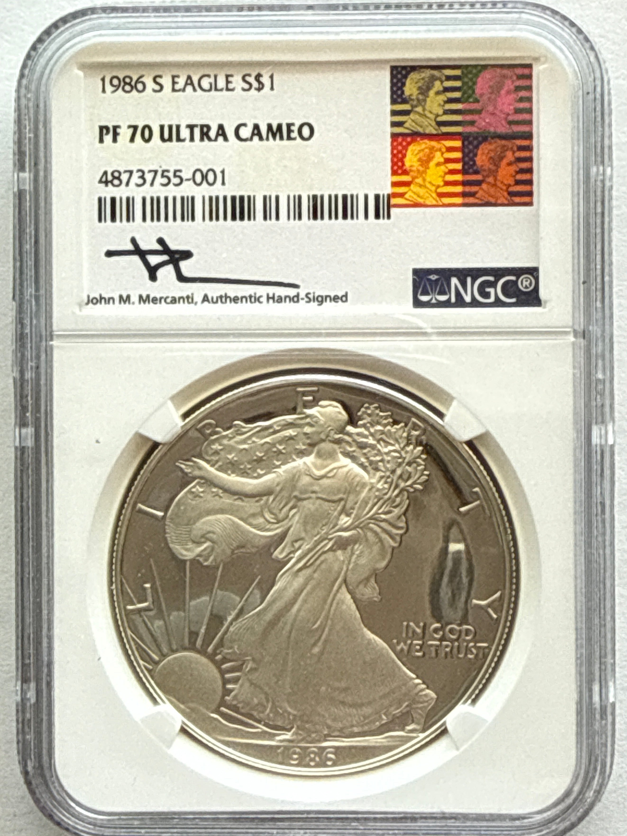 1986-S American Silver Eagle NGC 1 oz PF70 UCAM  J. M. Mercanti hand signed pop #1 Art Label