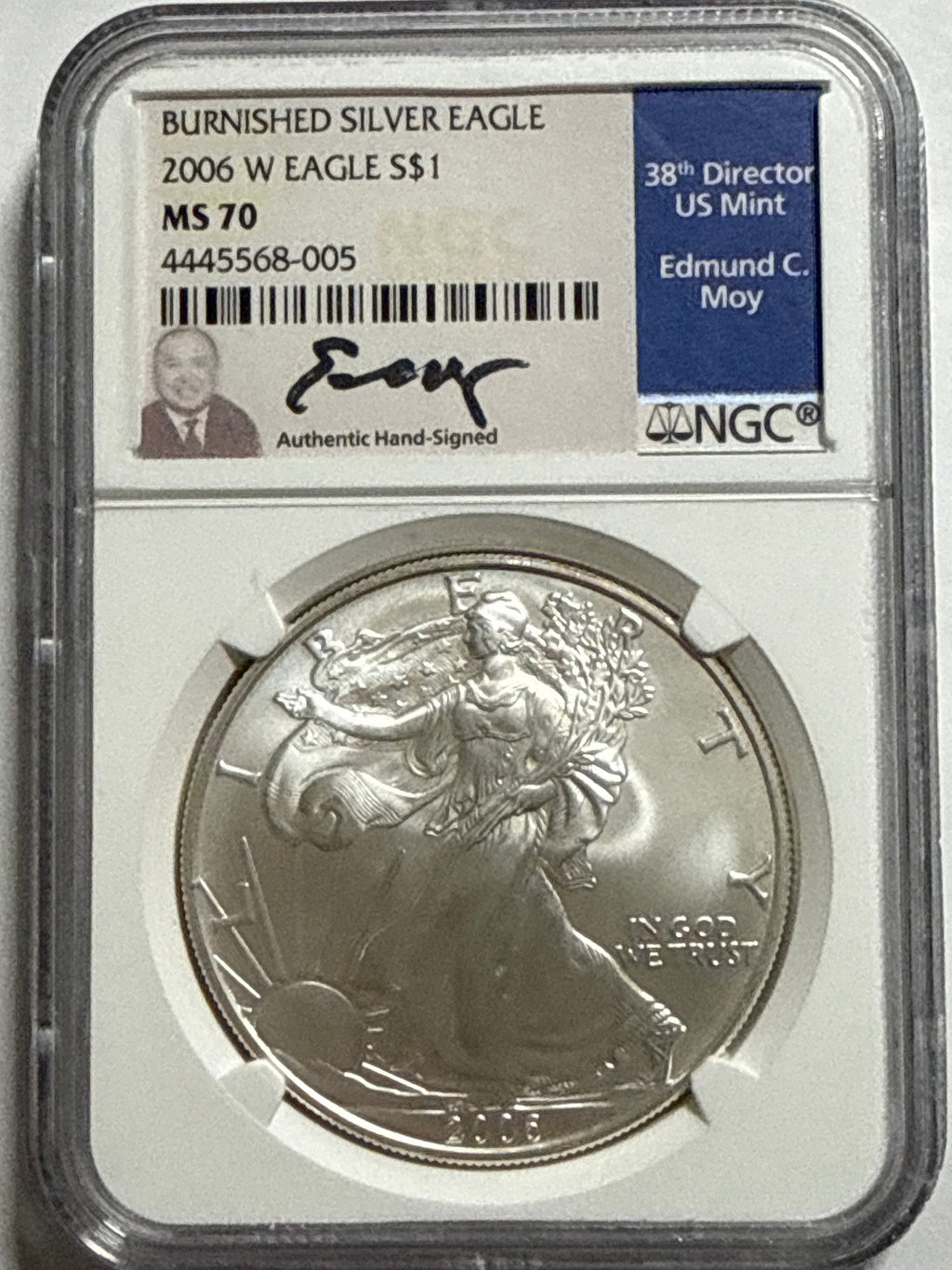2006-W Burnished American Silver Eagle NGC MS70 Edmund C. Moy Signed
