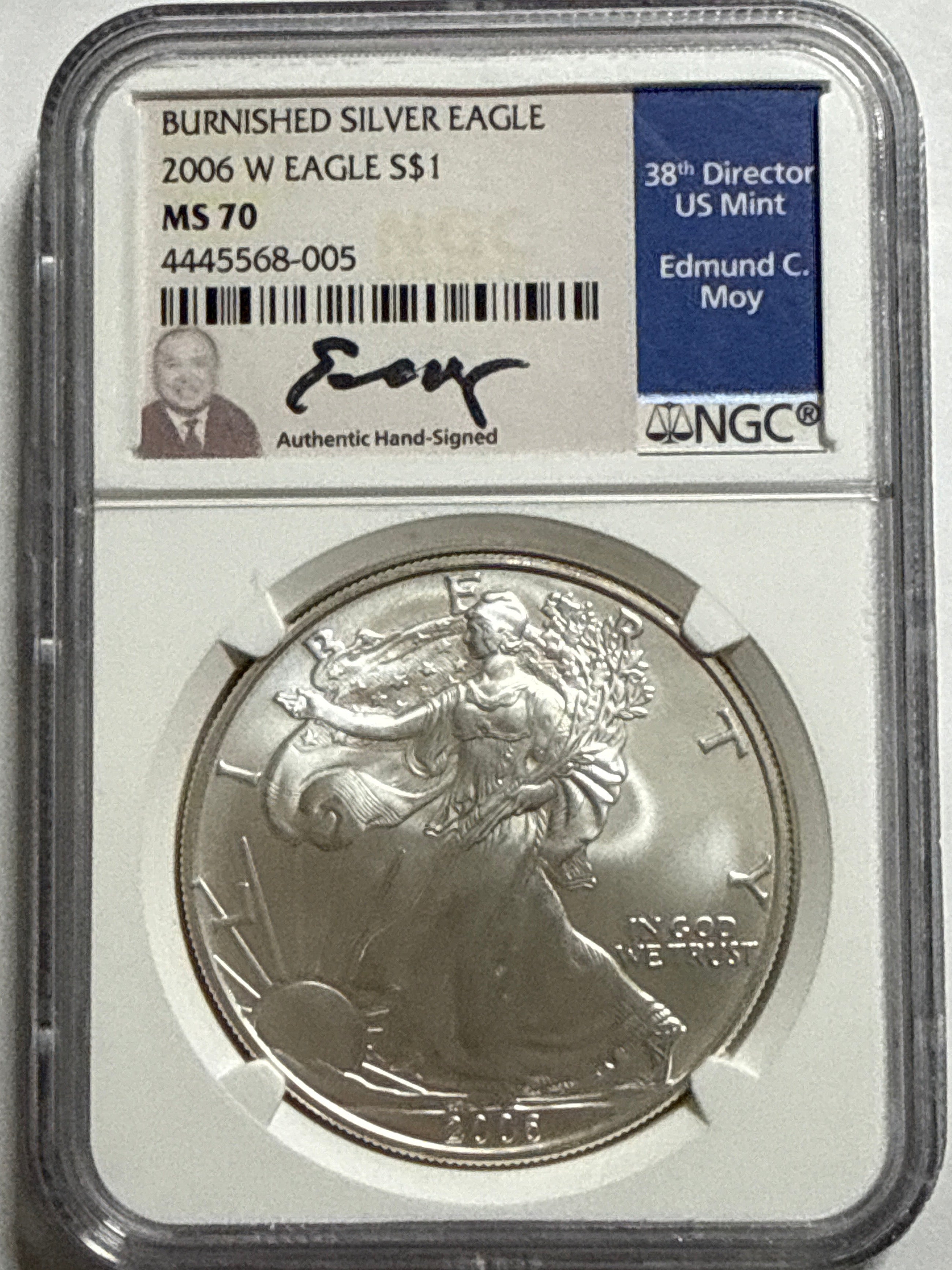 2006-W Burnished American Silver Eagle NGC MS70 Edmund C. Moy Signed