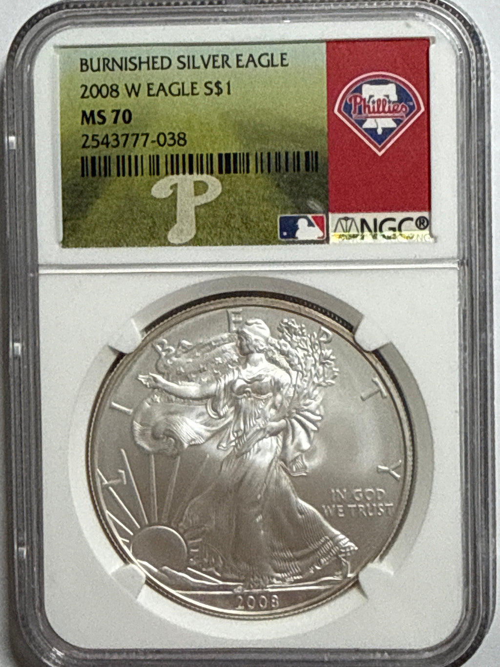 2008-W Burnished American Silver Eagle NGC MS70 Phillies Label