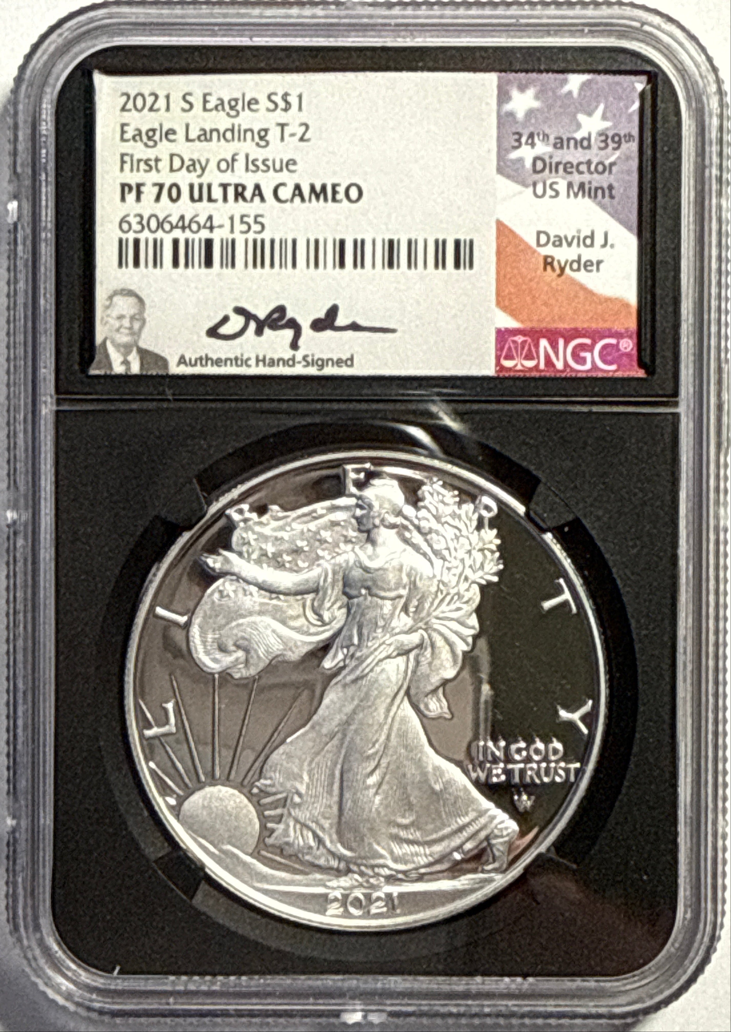 2021-S American Silver Eagle $1 Eagle Landing T-2 NGC FDI PF70 UCAM Black Core David Ryder Hand-Signed