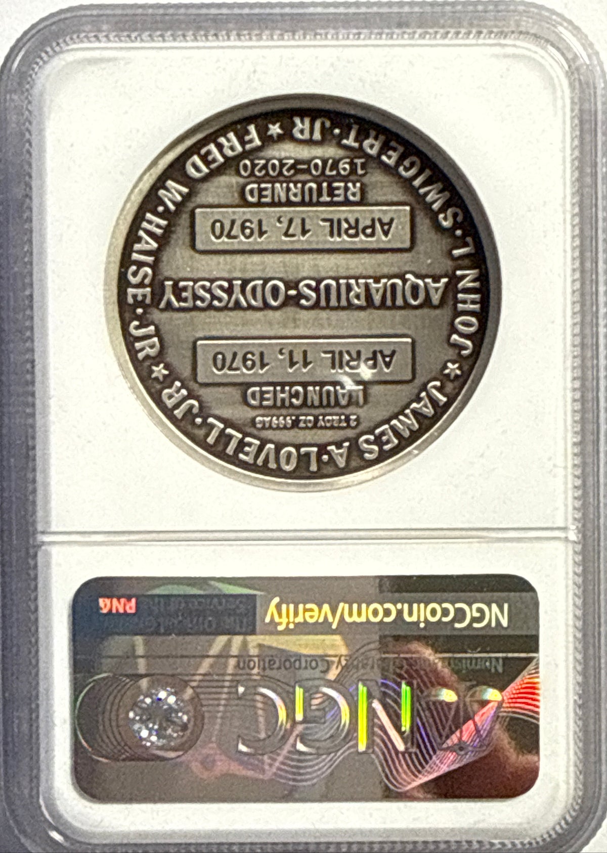 Vintage Vault: 2020 Apollo 13 2 oz Silver 50th Anniversary Robbins Medal Restrike With Space Flown Material NGC MS70