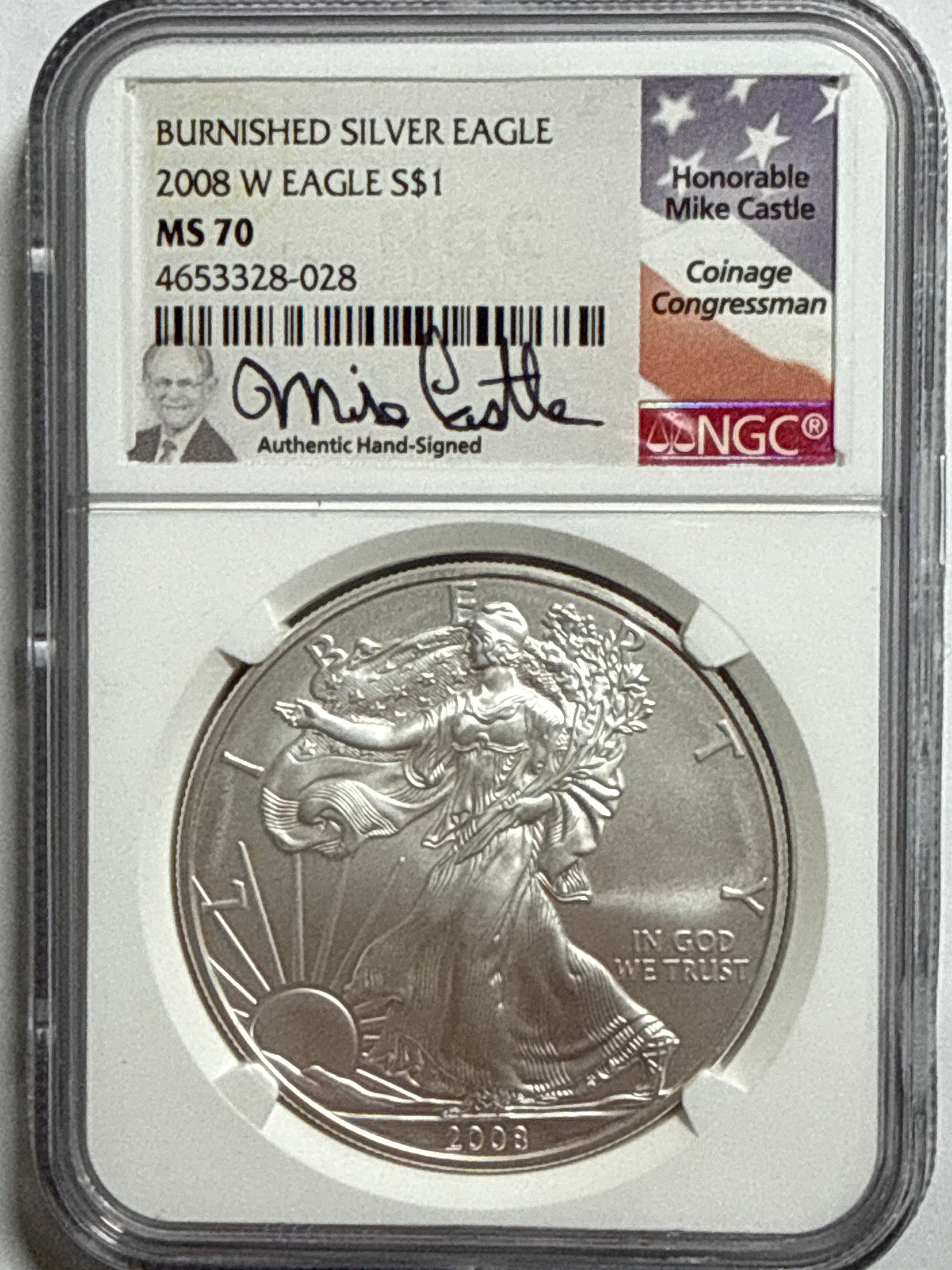 2008-W Burnished American Silver Eagle NGC MS70 Mike Castle Hand Signed