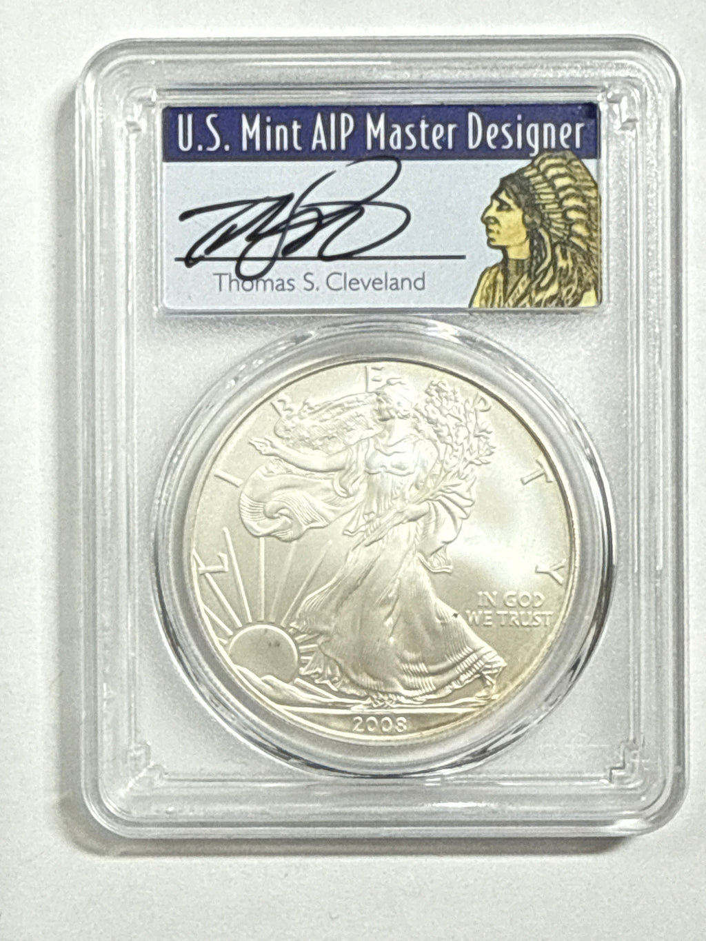 2008-W Burnished American Silver Eagle PCGS SP70 Thomas Cleveland Native Chief Label