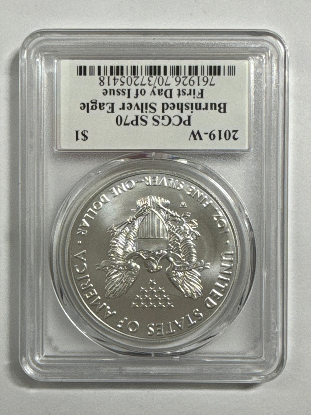 2019-W Burnished American Silver Eagle PCGS SP70 FDOI Trump Label