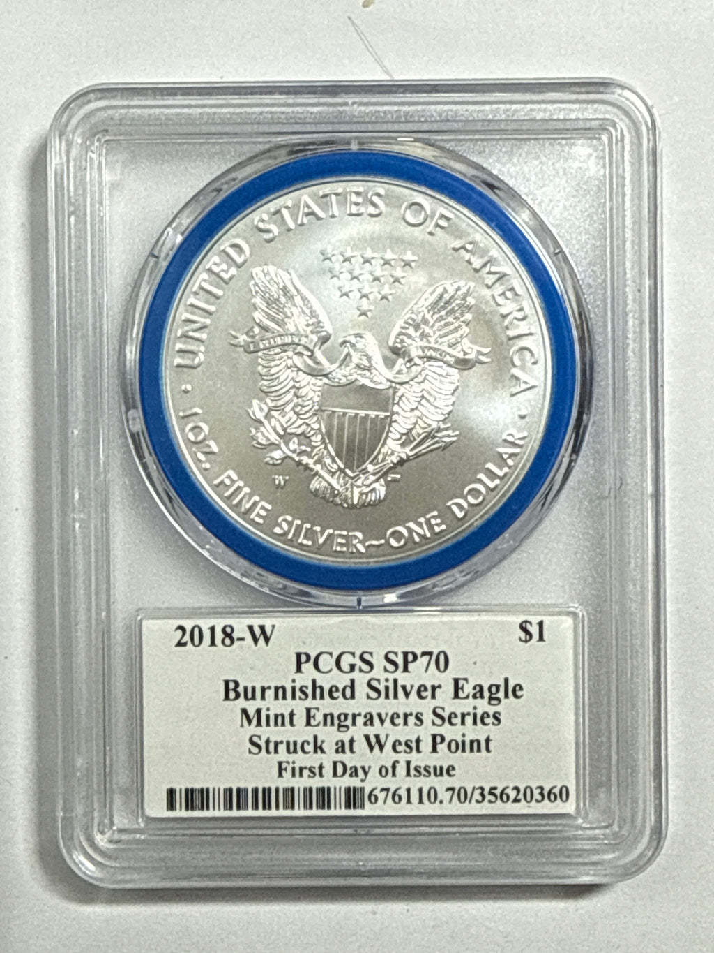 2018-W Burnished American Silver Eagle PCGS SP70 FDOI Mint Engravers Series John Mercanti