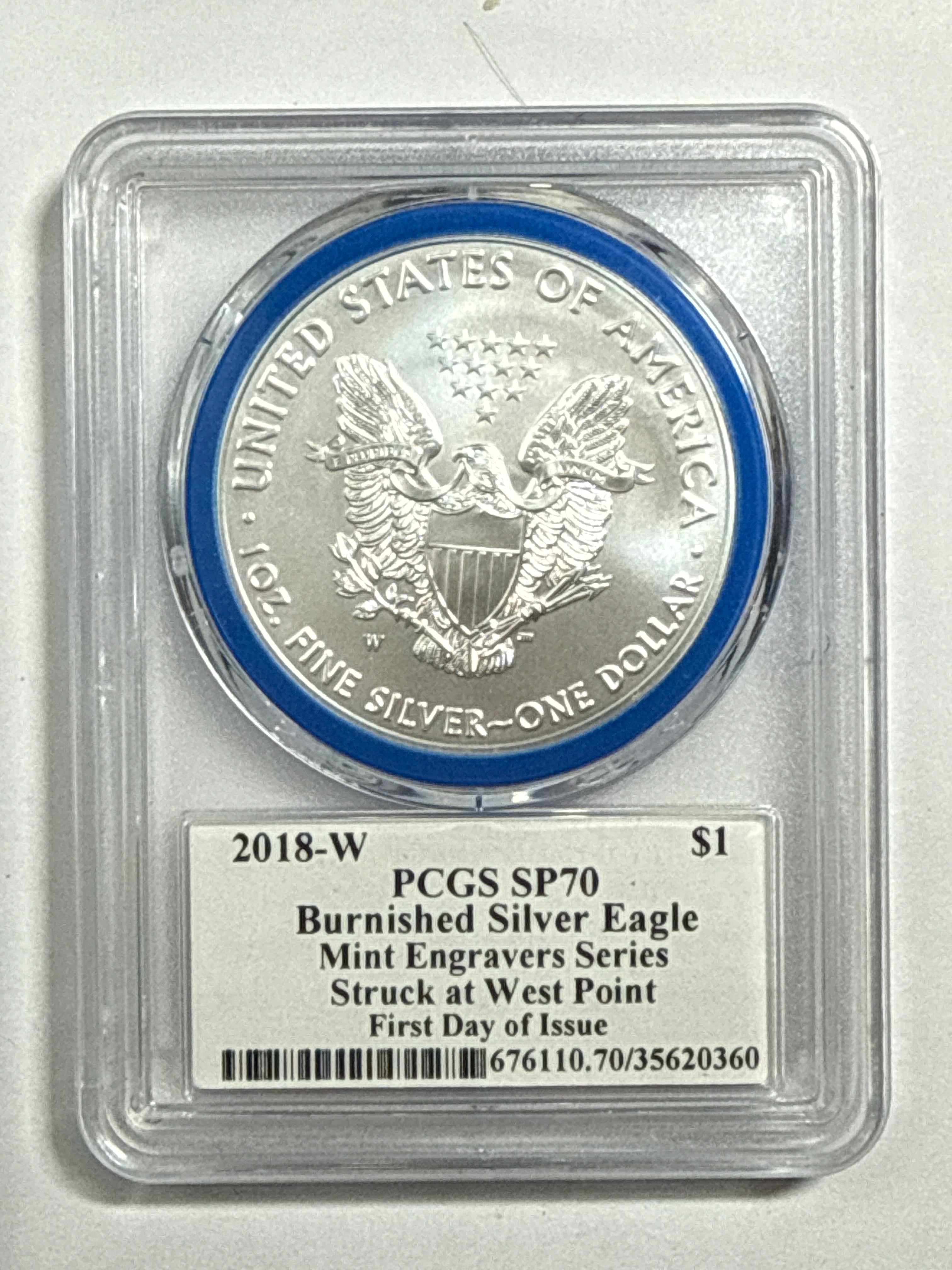 2018-W Burnished American Silver Eagle PCGS SP70 FDOI Mint Engravers Series John Mercanti