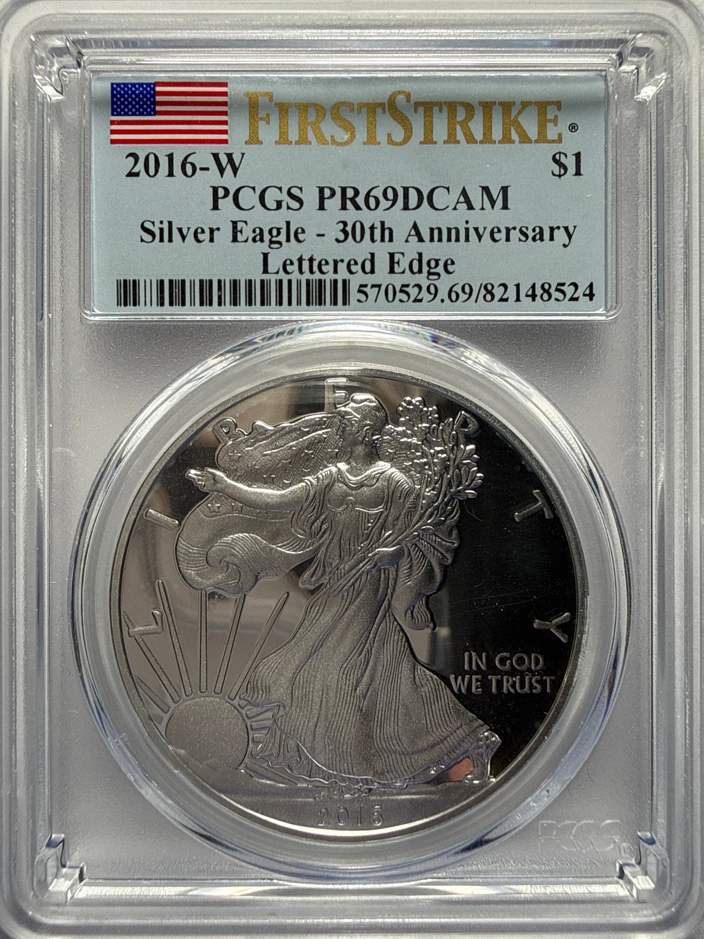 2016-W American Silver Eagle DCAM FS PR69 PCGS 30th Anniversary Lettered Edge