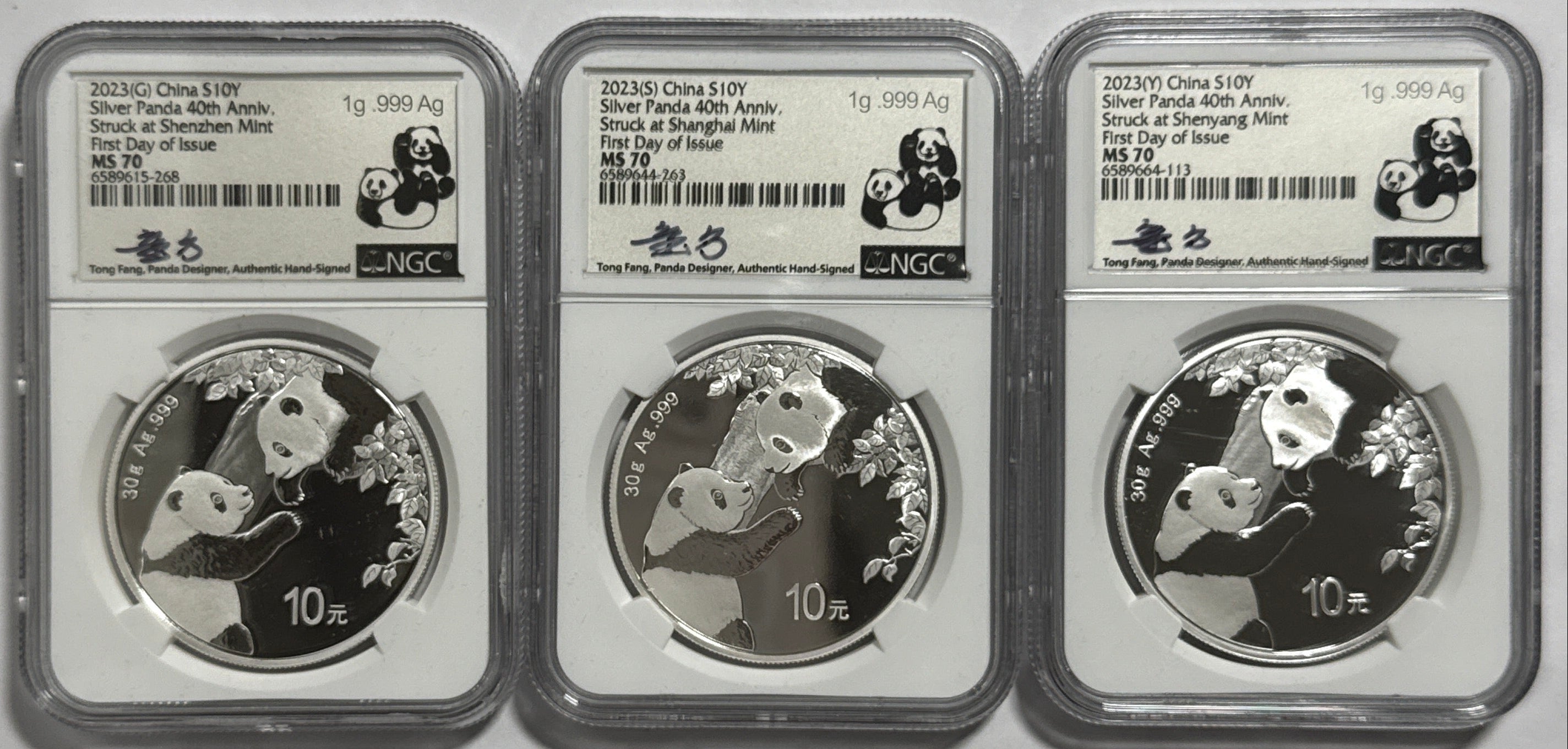 2023(G/S/Y) China Silver Panda 10 Yuan 40th Anniversay 3-Coin Box Set  NGC First Release MS70 Struck at(Shenzhen/Shanghai/Shenyang Mints) Huang Qin