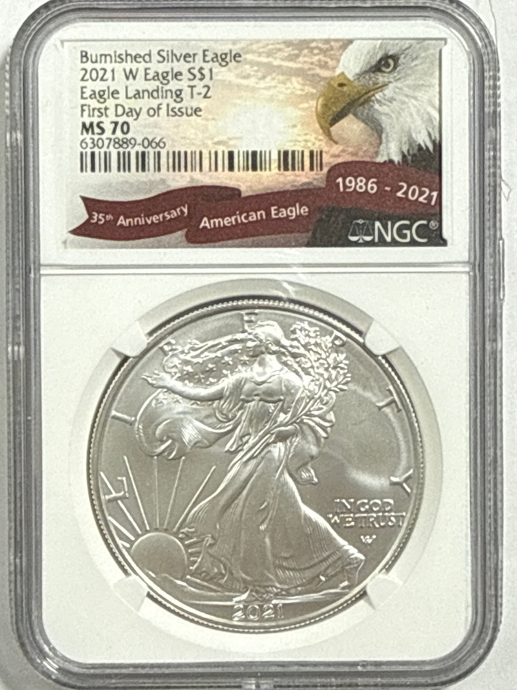 2021- W Burnished American Silver Eagle NGC MS70 FDOI Eagle Landing T-2  35th Anniversary