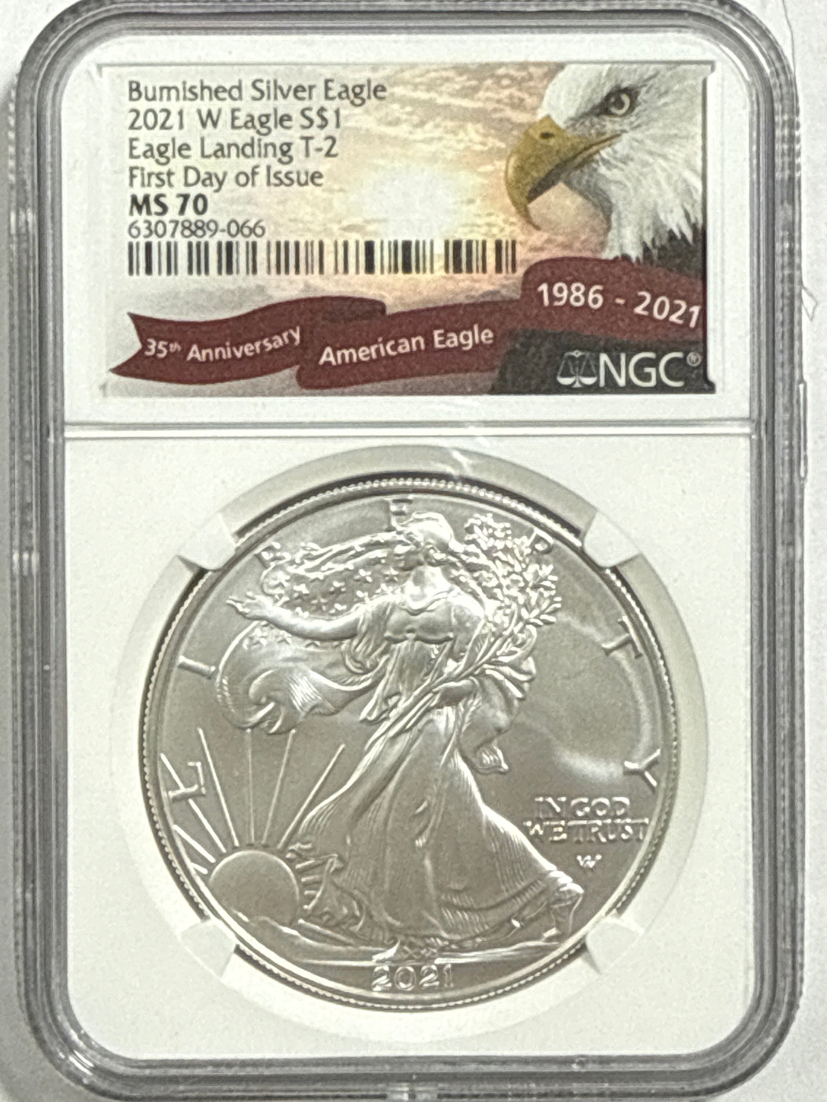 2021- W Burnished American Silver Eagle NGC MS70 FDOI Eagle Landing T-2  35th Anniversary