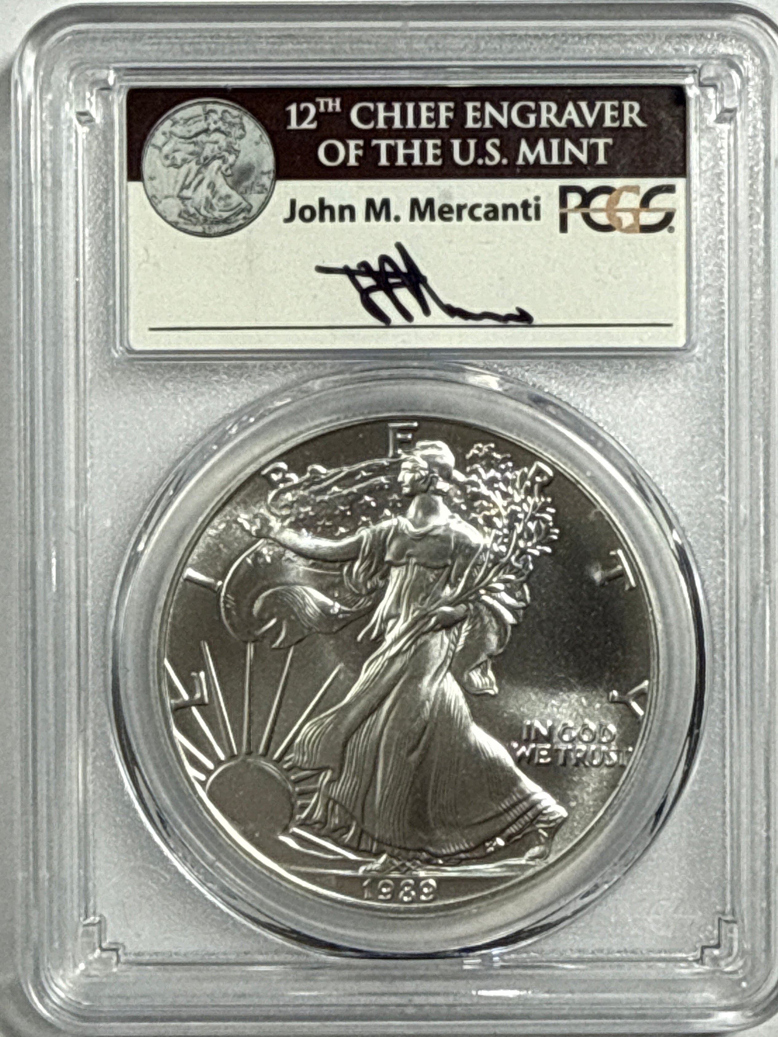 1989 American Silver Eagle PCGS MS70 John Mercanti Hand Signed Black Label