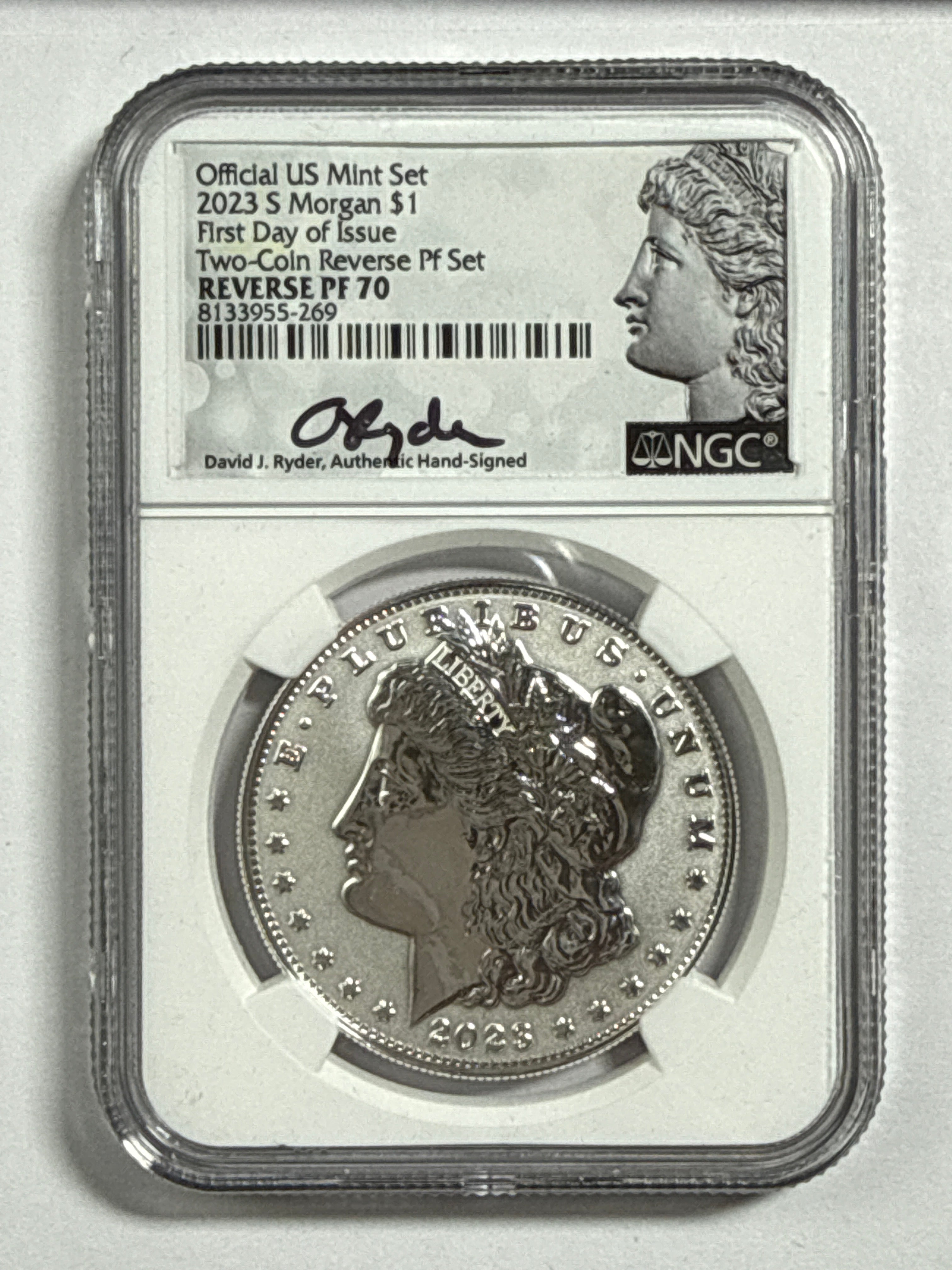 2023-S Morgan/Peace Silver Dollar 4 piece Official US Mint Set NGC FDOI Two-Coin Reverse PF Set Reverse PF70 Mercanti/Ryder Hand Signed with Displaty Box