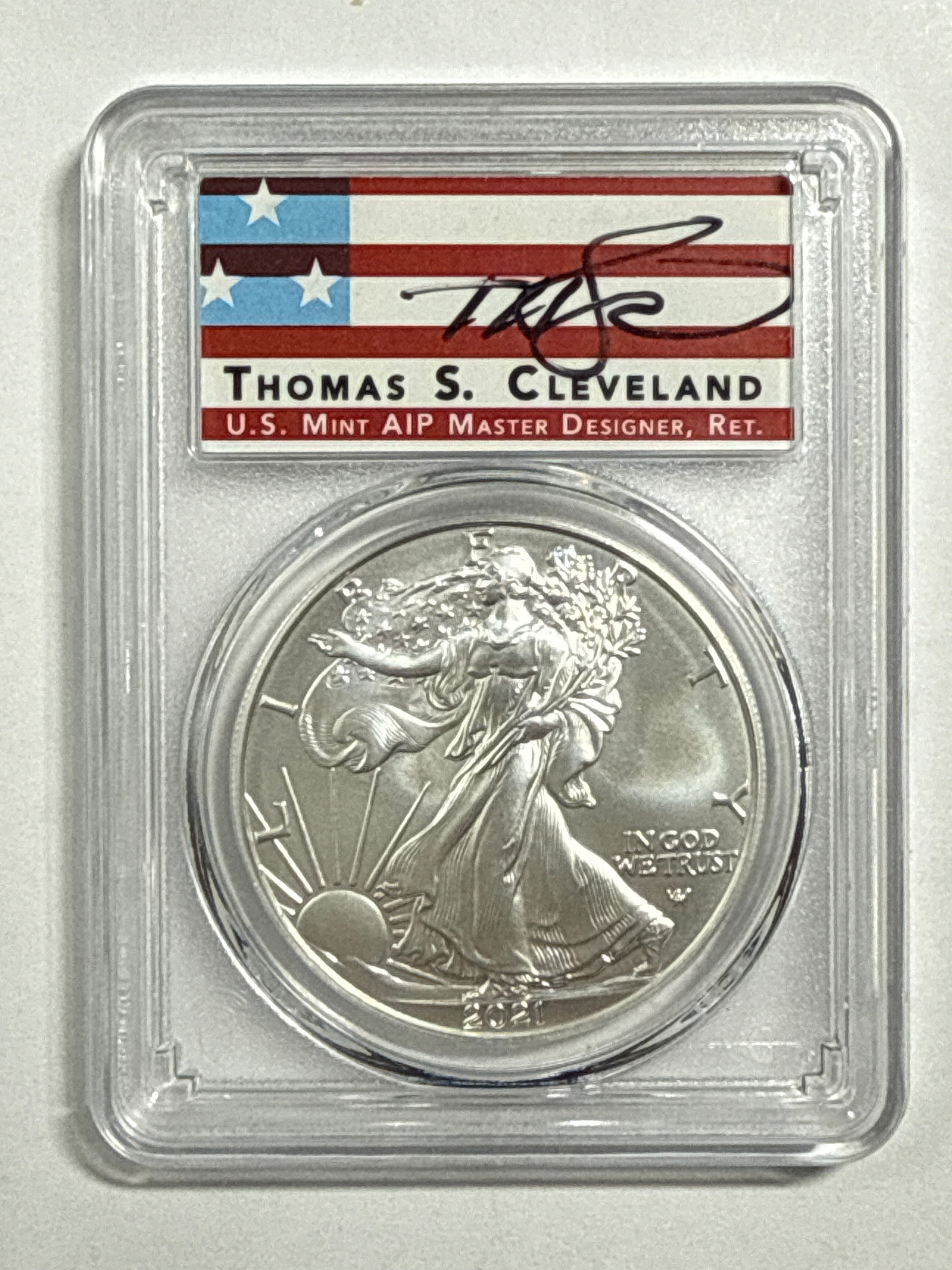 2021-W Burnished Silver Eagle Type 2 PCGS SP70 FDOI Thomas Cleveland