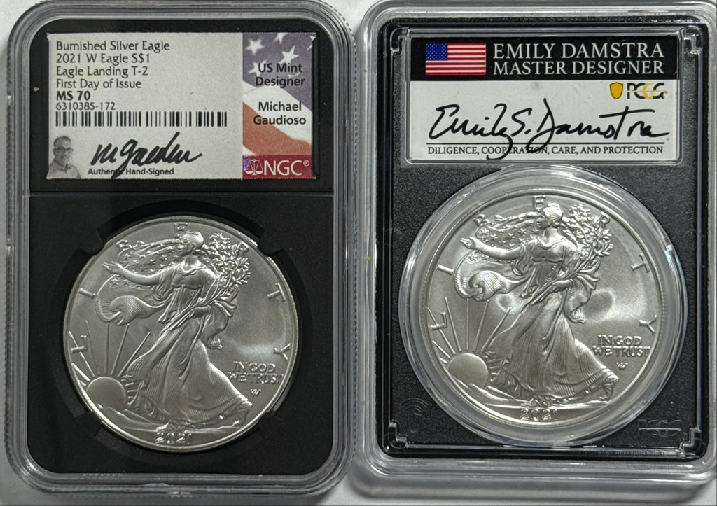 2021-W Burnished American Silver Eagle 2 Piece Set T-2 NGC/PCGS MS70/SP70 FDOI Gaudioso/Damstra