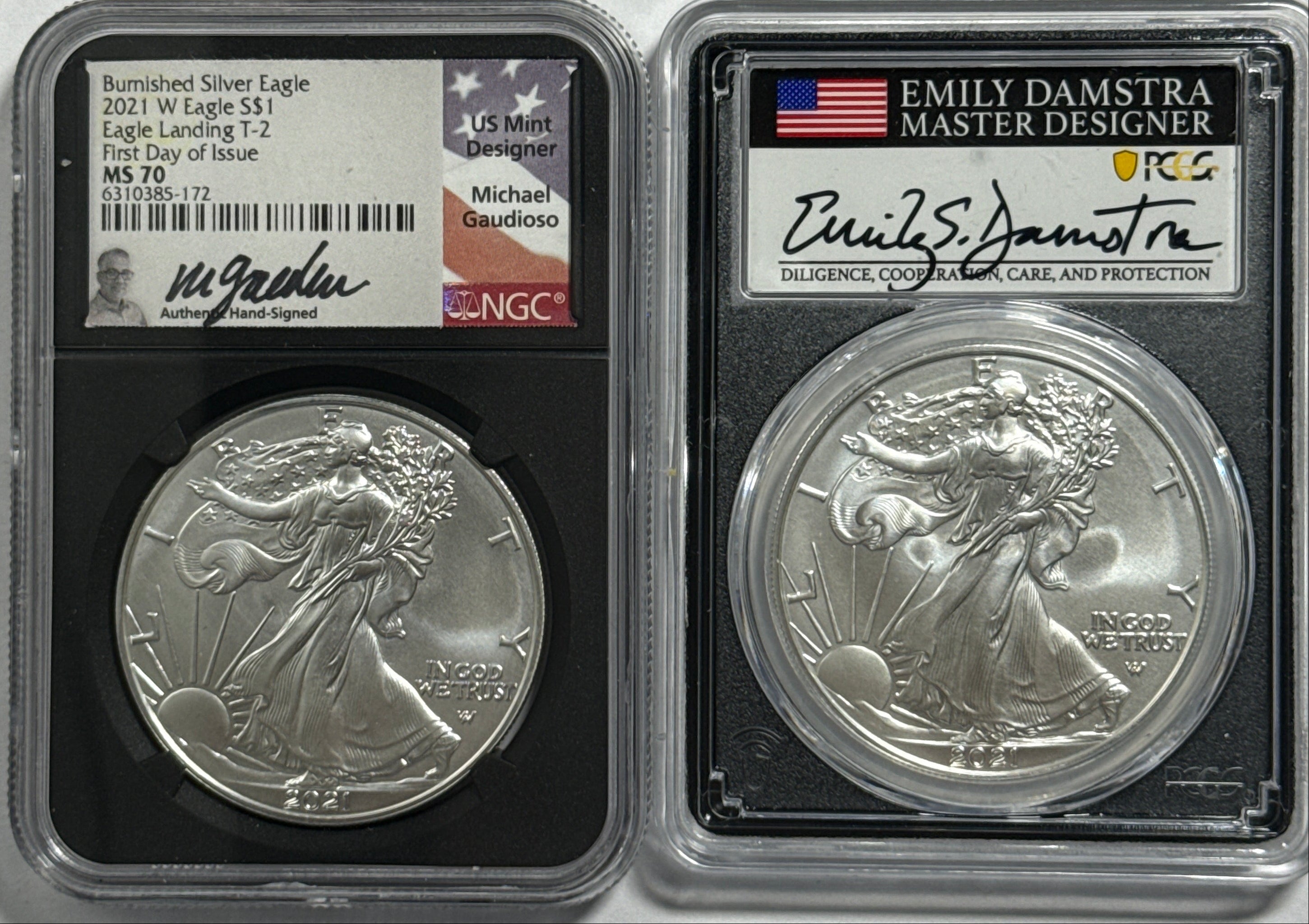 2021-W Burnished American Silver Eagle 2 Piece Set T-2 NGC/PCGS MS70/SP70 FDOI Gaudioso/Damstra