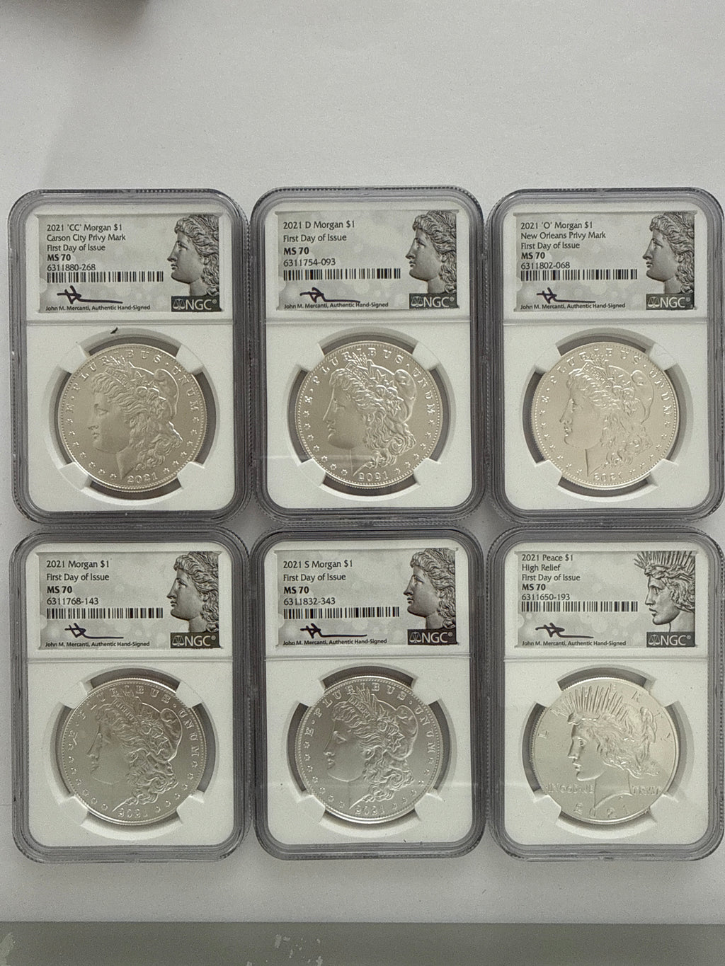 2021-CC/D/O/P/S Morgan/Peace Silver Dollar 6 Piece Set NGC MDS70 FDOI Mercanti Habd Signed