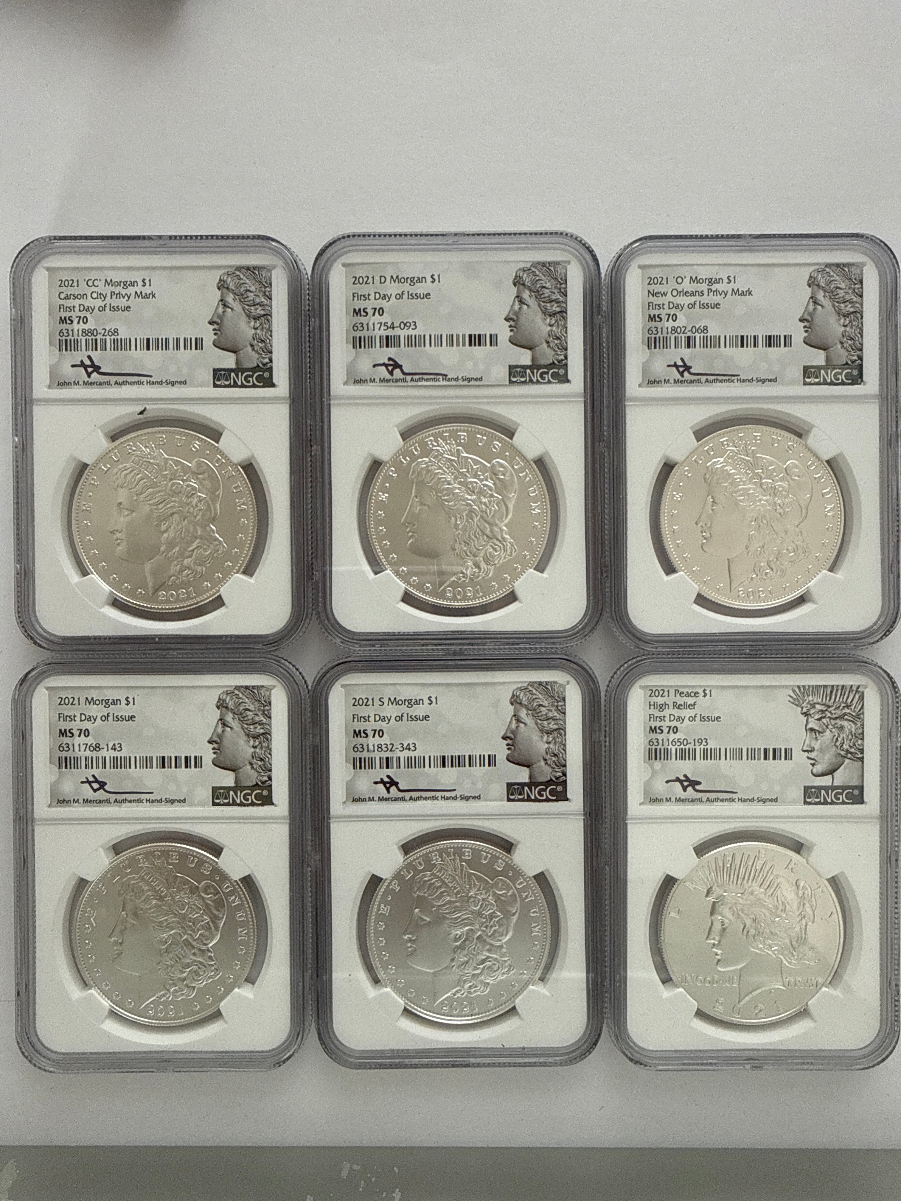 2021-CC/D/O/P/S Morgan/Peace Silver Dollar 6 Piece Set NGC MDS70 FDOI Mercanti Habd Signed