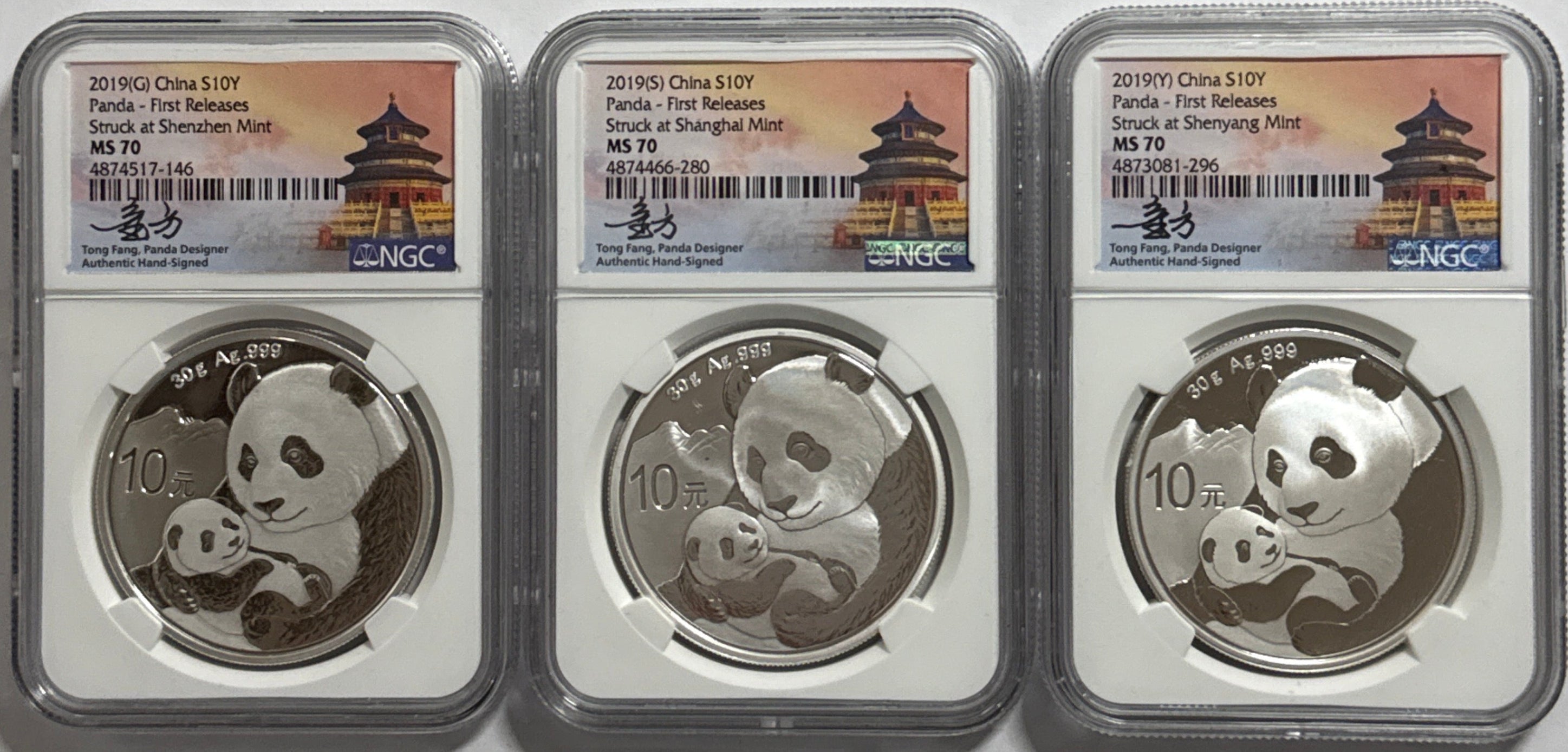 2019 (G/S/Y) China Silver Panda 10 Yuan 3 Coin Box Set NGC First Release MS70 Struck at(Shenzhen/Shanghai/Shenyang Mints) Tong Fang