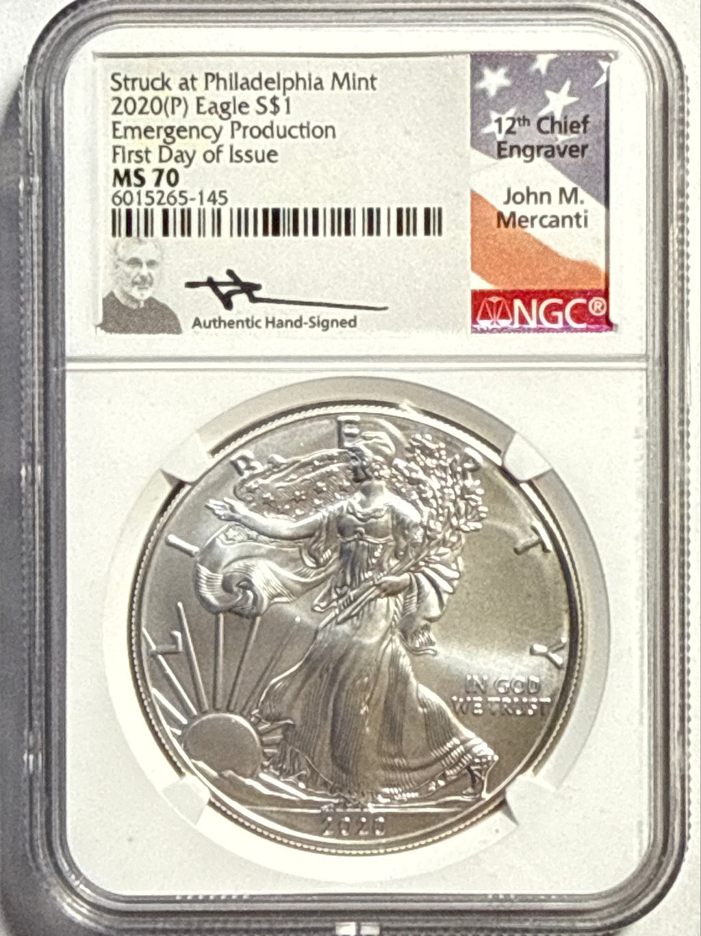 2020(P) American Silver Eagle $1 NGC Emergency Production FDI MS70 Mercanti Hand-Signed.