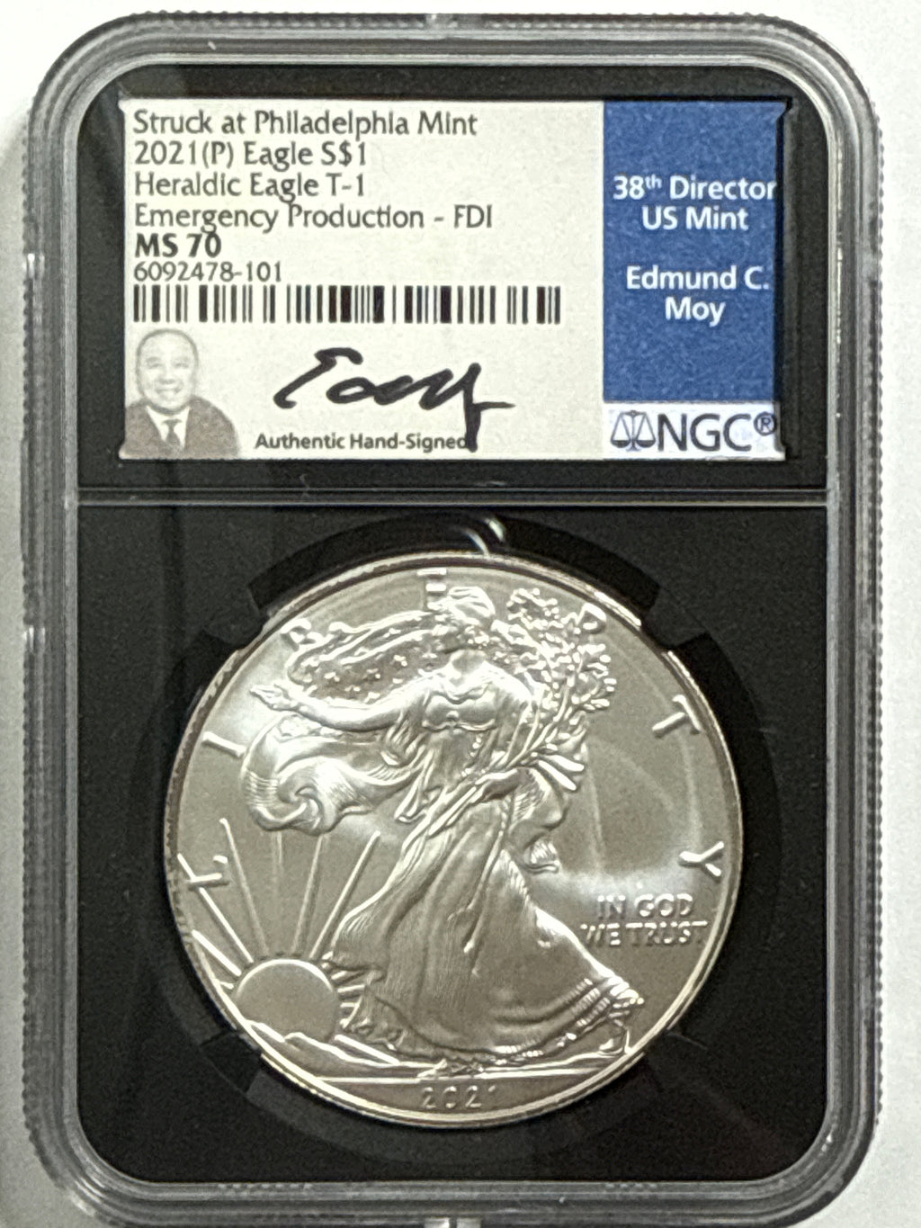 2021 (P) American Heraldic Silver Eagle T-1 Emergency Production 3-Coin Box Set NGC FDOI MS70 Mercanti/Jones/Moy