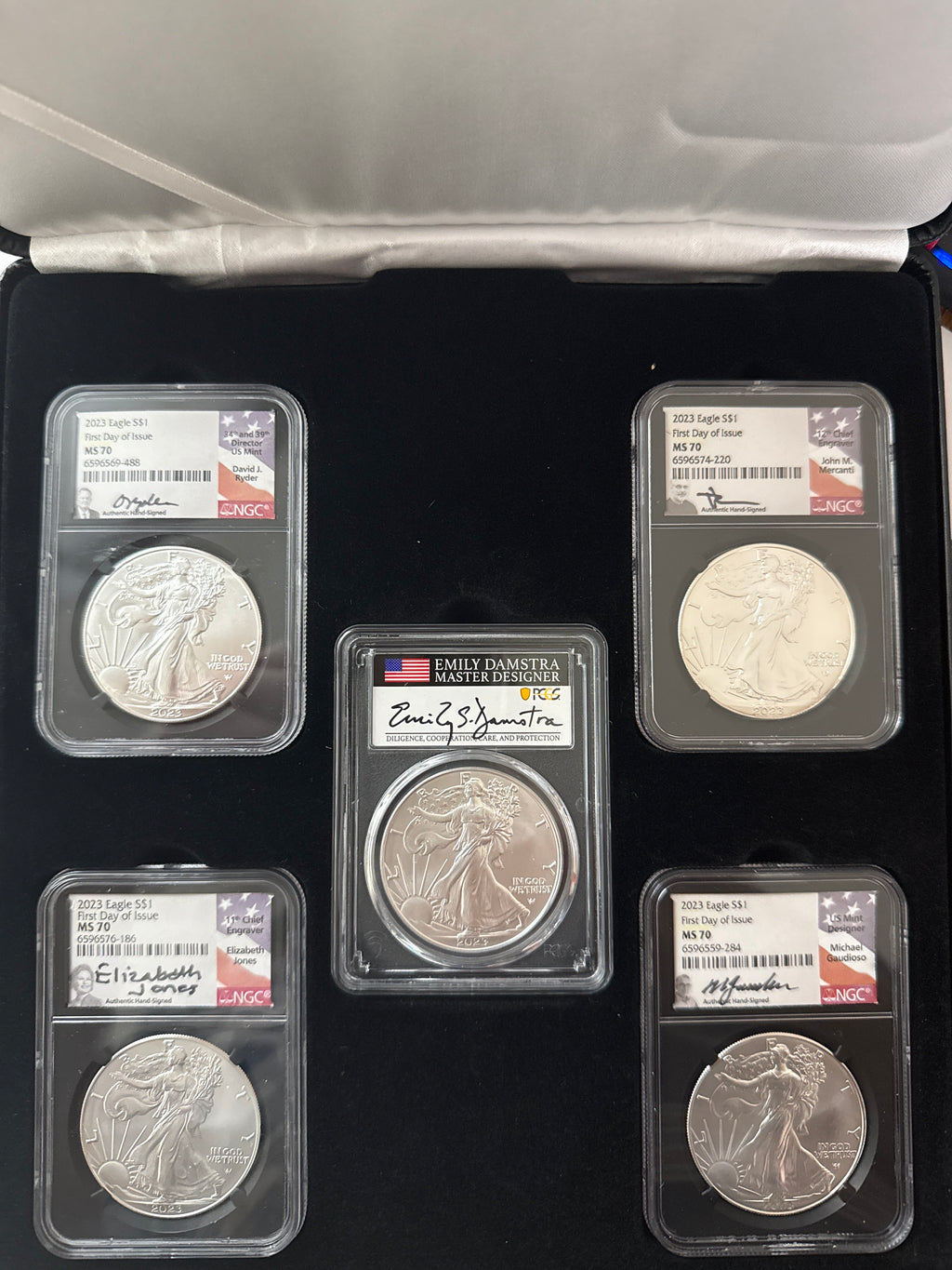 2023-P American Silver Eagle 5 Piece Set NGC MS70 FDOI FL Mercanti/Gaudioso/Ryder/Jones/Damstra