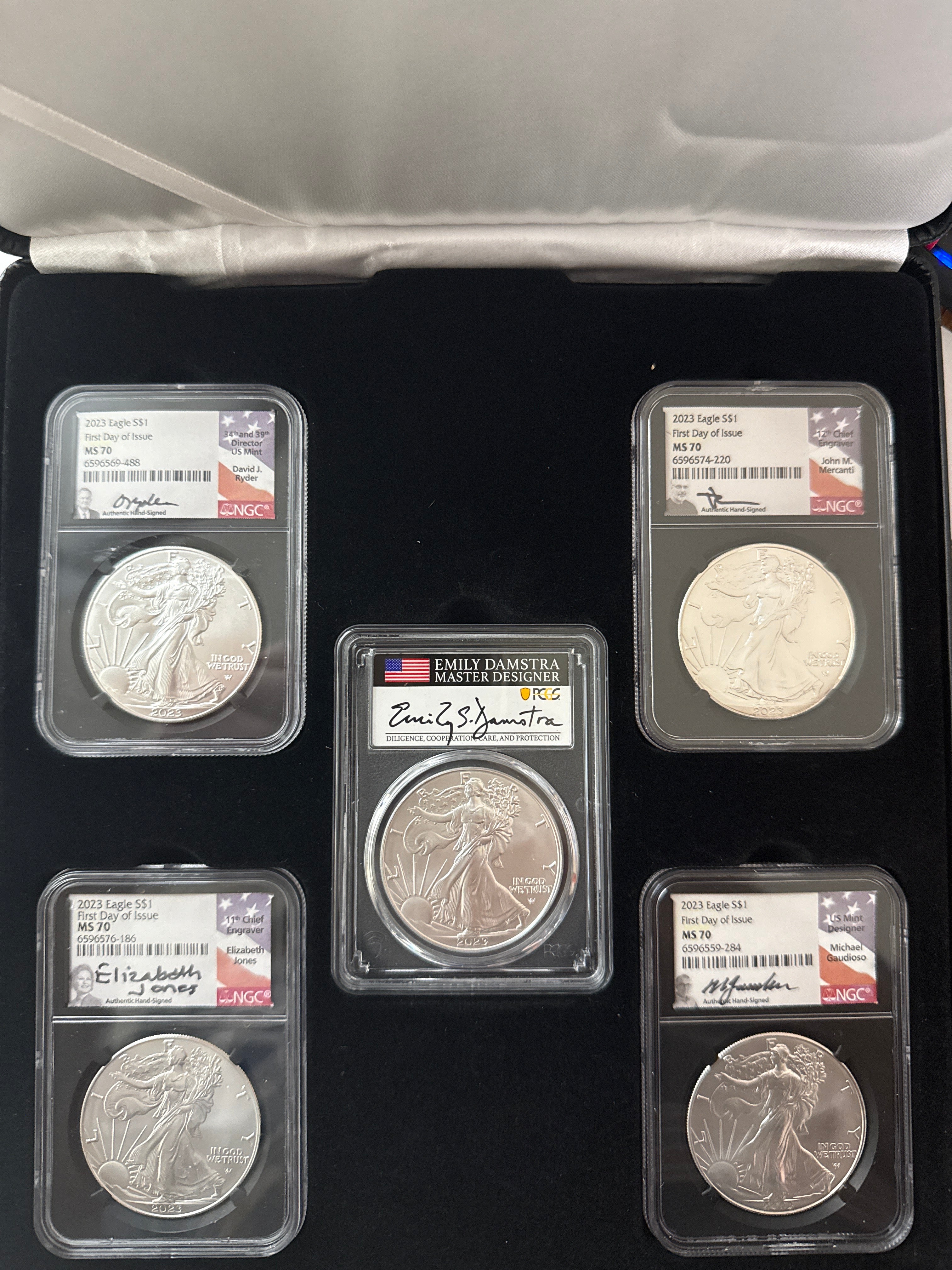 2023-P American Silver Eagle 5 Piece Set NGC MS70 FDOI FL Mercanti/Gaudioso/Ryder/Jones/Damstra