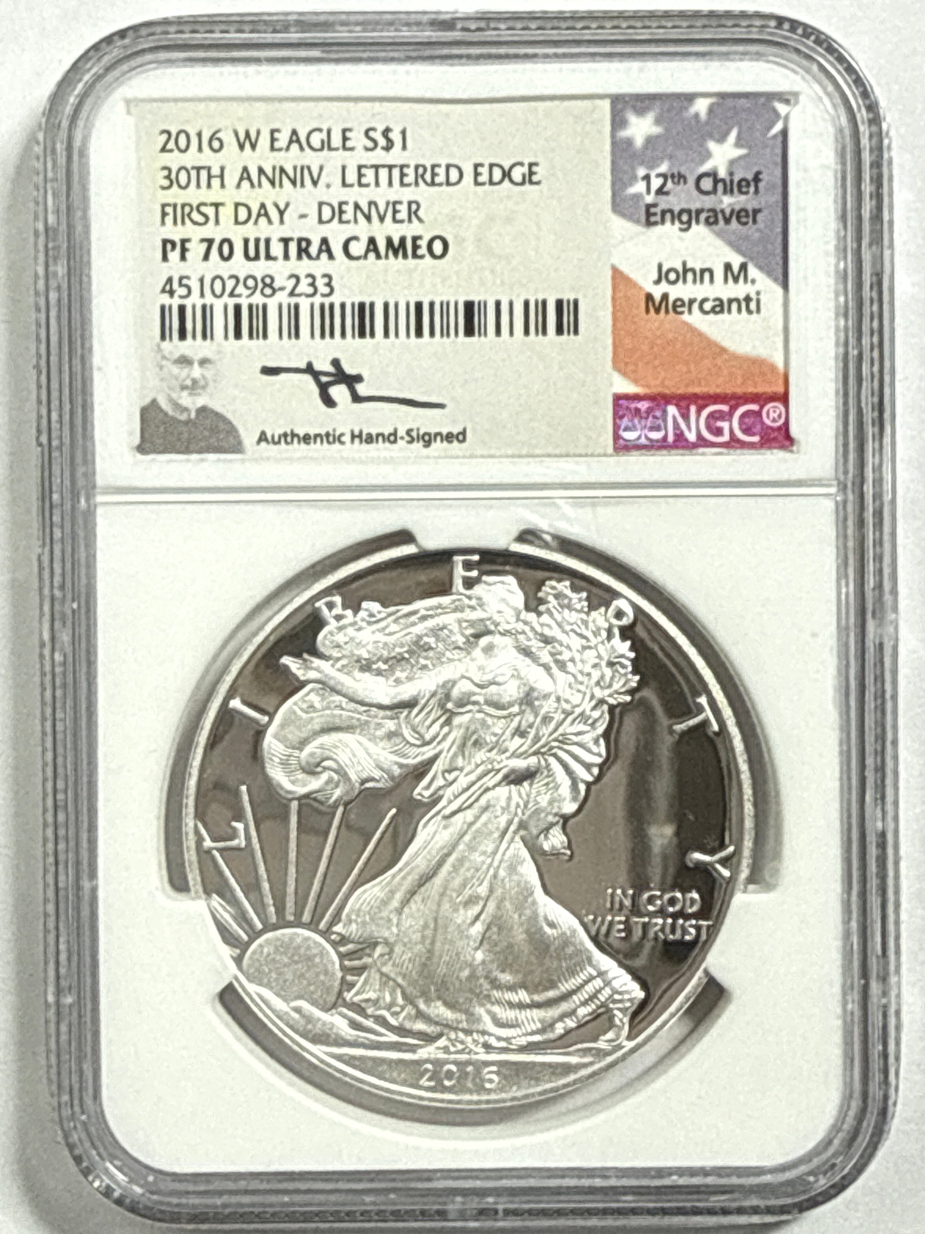 2016-W American Silver Eagle 3 Piece Set NGC PF70 UCAM 30th Anniv. Lettered Edge First Day-Denver/Philadelphia/Washington Mercanti Hand Signed