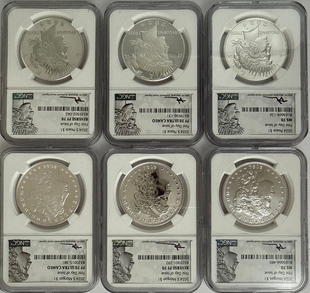 2024-P/S Morgan Silver Dollar 6 piece set NGC FDOI MS70/Reverse PF70/PF70 UMC Mercant Hand Signed