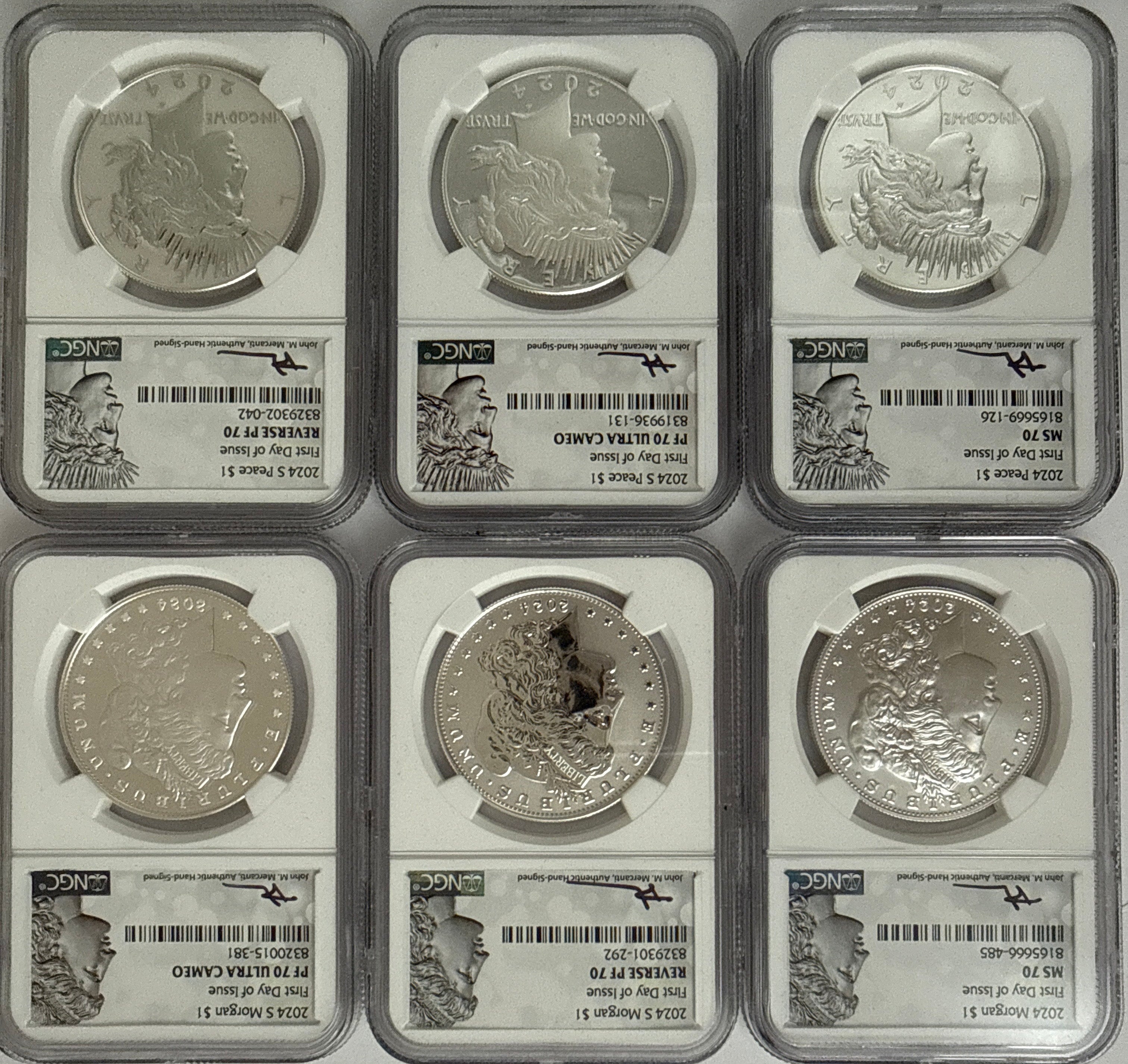 2024-P/S Morgan Silver Dollar 6 piece set NGC FDOI MS70/Reverse PF70/PF70 UMC Mercant Hand Signed